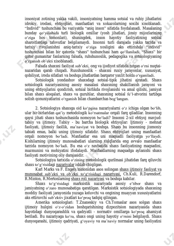 nning o„zida bevosita mavjudligi qandaydir tabiiydir, bu uning o„z tushunchasiga binoan tashqidir; faqat o„ziga tegishli tana va ruhini takomillashtirish vositasida, mohiyatan o„zini o„zi anglashi sababli ham u o„zini erkin tutadi, u o„ziga o„zi egalik qilishga kirishadi va ham o„ziga, ham boshhalarga nisbatan bo„lgan munosabatlarda o„ziga o„zi egalik qiladi. bu o„ziga o„zi egalik qilishga kirishish, shuningdek, bu holatni voqelik deb bilish shuni ko„rsatadiki, inson o„z tushunchasiga binoan (imkoniyat, qobiliyat, moyillik), endi o„zini o„ziniki deb bilishi, o„zini xuddi predmetdek hisoblashi - oddiy o„zini o„zi anglashdan farq qilib, u haqiqatda narsa (buyum) shaklida namoyon bo„la olish qobiliyatiga erishadi» individ esa inson zotining alohida olingan nusxasi, uning vakillaridan biridir. shaxs esa u yoki bu inson sifatida namoyon bo„lib, u ma‟lum va betakror individuallikka ega bo„ladi. individning jamiyatga kirish jarayonlari uning ijtimoiylashuvini ta‟minlaydi. ijtimoiy munosabatlarga kirishish natijasida uning jamiyatdagi qadriyatlar va me‟yorlarni o„zlashtirib borishi uchun zamin yaratadi. bu jihatdan u ijtimoiy ta‟sir ob‟ektidir. shuningdek, individ …