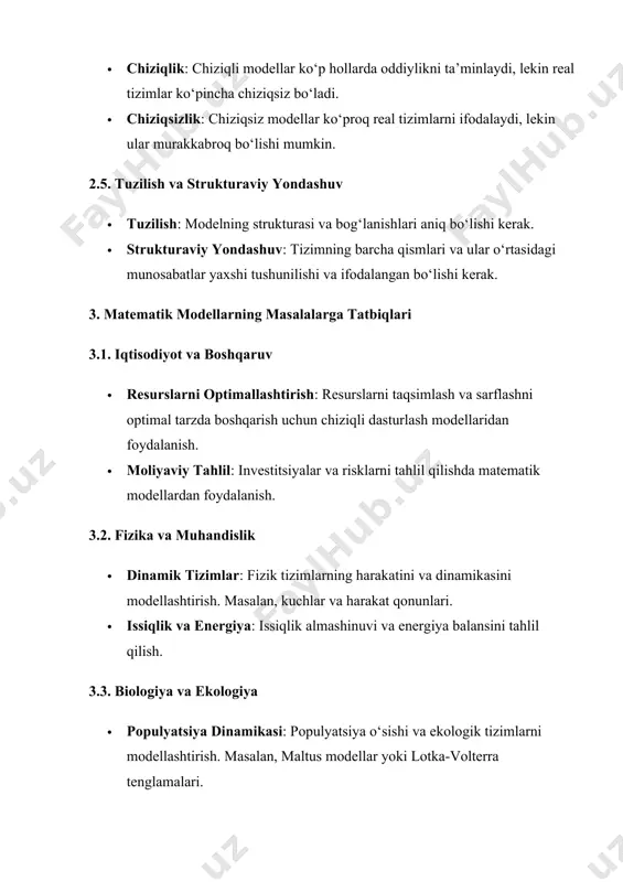 reaksiya tezliklarini va muvozanatni modellashtirish. · dori-darmonlarni yetkazish: dori-darmonlarning ta’sirini va taqsimlanishini matematik tarzda tahlil qilish. 3.5. transport va logistika · yo‘llarni optimallashtirish: transport tarmoqlari va yo‘llarni optimallashtirish uchun matematik modellardan foydalanish. · inventarizatsiya boshqaruvi: inventarizatsiya va ta’minot zanjirlarini boshqarish. xulosa · matematik modellarni qurish jarayoni muammoni aniqlashdan to modelni monitoring qilish va yangilashgacha bo‘lgan barcha bosqichlarni o‘z ichiga oladi. · asosiy prinsiplarga oddiylik, moslashuvchanlik, aniqlik, to‘g‘rilik, va strukturaviy yondashuv kiradi. · modellarni masalalarga tatbiqlash iqtisodiyot, fizik, biologiya, kimyo, va logistikada keng qo‘llaniladi va ular turli xil jarayonlarni tahlil qilishda yordam beradi.