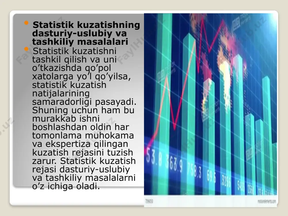 abablar yoki ro’yxatga oluvchilarning o’z ishiga e’tiborsizligi natijasida paydo bo’lishi mumkin. masalan, sutning yog’lilik darajasini (foiz hisobida) tekshirish kerak. bu operatorning har kuni qiladigan ishi. lekin operator har kuni sutning sifatini tekshirishdan oldin u o’z uskunalarini to’g’ri ishlashiga ishonch hosil qilishi kerak. keyin insonlarda yaxlitlab aytish odati bor. necha bosh qo’yingiz bor deb so’ralsa, odatda 10 tacha deb javob beriladi. haqiqatda esa qo’ylar soni 8 ta yoki 12 ta bo’lishi mumkin. reprezentativ (bu xatolarni tanlab kuzatish mavzusida chuqur o’rganamiz) xatolar qisman kuzatishga xos bo’lgan xatolardir. ular tanlab olingan to’plam birliklari bosh to’plamdagi xususiyatlarni o’zida to’la aks ettirmaganligi tufayli paydo bo’ladi. kuzatish xatosiz bo’lishi juda ham qiyin masala. lekin uni iloji boricha kamaytirish yoki umuman yo’q qilish statistikaning muhim vazifalardan biridir. yuqorida ko’rib chiqilgan barcha masalalarning to’g’ri echilishi kuzatish xatosini yo’qotishning omillaridir. xatolarni kamaytirishning yana bir yo’li-ma’lumotlarni qabul qilish paytidagi nazorat qilishdir. nazorat arifmetik va mantiqiy bo’ladi. arifmetik nazoratda chiqarilgan jamlar, …
