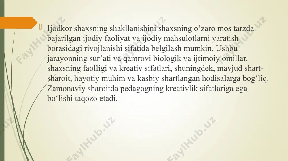 ijodiy namoyon etish jarayonida shaxsda barqaror kreativ sifatlarni shakllantirish va rivojlantirish mazmuni ijod – ijtimoiy sub’ektning yangiligi, ahamiyati va foydaliligi jamiyat yoki muayyan guruh tomonidan tan olingan faoliyati yoki faoliyati natijasi. ijodkor shaxsni tarbiyalash – kasbiy-ijodiy faoliyat tajribalarini qaror toptirish va boyitish asosida ijodiy g‘oya, ularni amalga oshirish ko‘nikma va malakalariga ega shaxsni shakllantirish va rivojlantirish kasbiy-ijodiy faoliyat – mutaxassisning kasbiy masalalarni ijodiy hal qilish muvaffaqiyatini tavsiflovchi faoliyati, innovatsion xatti-harakati hal qilish ijodiy topshiriqlarga yo‘naltirilgan masalalar tizimi – muammoli vaziyatlarni tizimli tahlil asosida kasbiy-ijodiy imkoniyat – 1) kasbiy kompetensiya, malakaga egalik; 2) kasbiy ijod metodologiyasi asoslarini o‘zlashtirganlik; ijodiy tafakkurning shakllanganlik darajasi; kasbiy-ijodiy layoqat va shaxsiy sifatlarning rivojlanganligi kasbiy ijodkorlik metodologiyasi – ijodkorlikning jarayon va natija sifatida ob’ektlar hamda muayyan kasbiy faoliyat turlariga munosabat ko‘rinishidagi tuzilishi, mantiqiy tashkil etilishi, metod va vositalari haqidagi ta’limot ijodiy tafakkur – tafakkurning ijod jarayonini tashkil etish va ijod natijalari (mahsullari)ni bashoratlashni ifodalovchi turi kreativ qobiliyat …