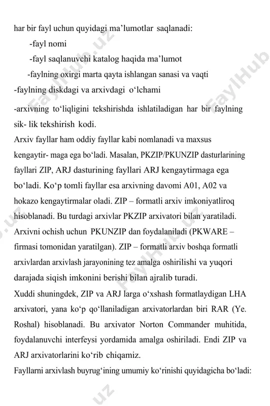 ki arj buyruq holat arxiv_nomi [katalog/][fayllar_nomi]. bu buyruqlarning parametri: · buyruq parametri bitta harfdan iborat bo‘lib, u arj ning bajaradi- gan ishini ko‘rsatadi. masalan: a-arxivga fayllarni qo‘shish, m-arxivga fayllarni ko‘chirib o‘tkazish va hokazo. · hotat parametri «-» yoki «/» belgilari bilan boshlanib umumiy holda quyidagilarni bildirishi mumkin: a(add) – hamma fayllarni arxivga qo‘shish? u(update) – yangi fayllarni arxivga qo‘shish? f(freshen) – arxivdagi mavjud fayllarning yangi turlarini arxivga qo‘shish? · arxiv_nomi – arxiv nomi (yoki to‘liq nomi) ko‘rsatiladi. agar ushbu fayl mavjud bo‘lmasa u yangi tashkil etiladi? · katalog – arj arxivatori uchun fayllar joylashgan papka nomini bildiradi. agar u berilmagan bo‘lsa, katalog sifatida joriy papka olinadi? · [fayllar_nomlari] – arxivlanuvchi fayllar nomlari bo‘lib, ular bo‘sh joy (probel)lar bilan ajratilgan holda ko‘rsatiladi. bunda ◆ va ? belgilari- dan ham foydalanish mumkin. agar fayl nomi ko‘rsatilmasa joriy pap- kadagi fayllarning hammasi arxivlanadi. misollar. faraz qilamiz, kursi degan faylni pkzip va arj arxivatorlari …