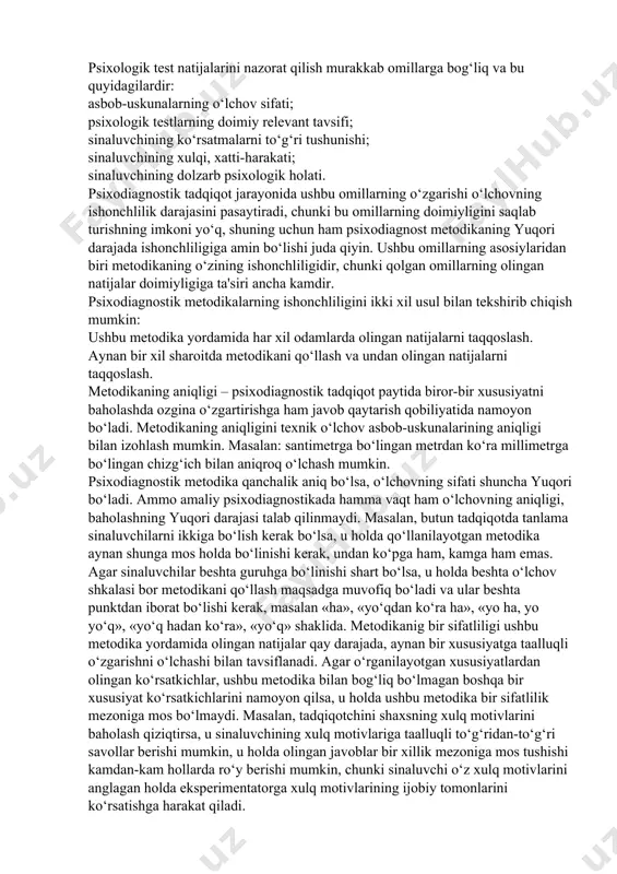 voqeliklardagi reaktsiya va xatti-harakatlari; b) sinaluvchining faoliyatidagi yutuqlari: o‘quv, ish, ijodiy va hokazolar; v) har xil nazorat sinov va topshiriqlarning bajarilganligi haqida ma'lumotlar; g) boshqa metodikalar yordamida olingan ma'lumotlar – validlik tekshirilayotgan metodikaning boshqa metodika bilan bog‘liqligining etarli darajadaligi 2. ishonchlilik – psixodiagnostik metodikalarning muhim psixiometrik ko‘rsatkichi sifatida. ishonchlilik turlari va ularni aniqlash usullari metodikaning ishonchliligi – metodika yordamida barqaror, qat'iy ko‘rsatkichlarni olish imkoniyatlari bilan tavsiflanadi. psixologik test natijalarini nazorat qilish murakkab omillarga bog‘liq va bu quyidagilardir: asbob-uskunalarning o‘lchov sifati; psixologik testlarning doimiy relevant tavsifi; sinaluvchining ko‘rsatmalarni to‘g‘ri tushunishi; sinaluvchining xulqi, xatti-harakati; sinaluvchining dolzarb psixologik holati. psixodiagnostik tadqiqot jarayonida ushbu omillarning o‘zgarishi o‘lchovning ishonchlilik darajasini pasaytiradi, chunki bu omillarning doimiyligini saqlab turishning imkoni yo‘q, shuning uchun ham psixodiagnost metodikaning yuqori darajada ishonchliligiga amin bo‘lishi juda qiyin. ushbu omillarning asosiylaridan biri metodikaning o‘zining ishonchliligidir, chunki qolgan omillarning olingan natijalar doimiyligiga ta'siri ancha kamdir. psixodiagnostik metodikalarning ishonchliligini ikki xil usul bilan tekshirib …