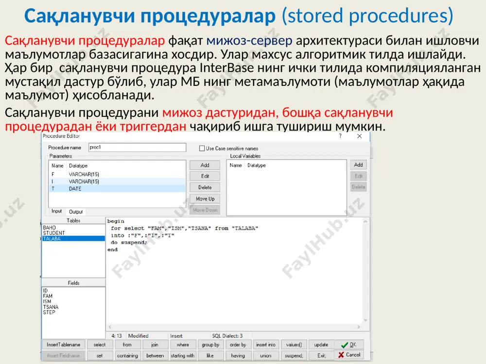 сўров ёзилади сақланувчи процедуралар (stored procedures) бажарилувчи процедуралар бажарилувчи процедураларда returns оператори ишлатилмаслиги мумкин. ходим хақидаги маълумотларни ўчириш процедурасини тузамиз. set term ^ ; create procedure deleteemp (pempid integer) as begin delete from staff where id = :pempid; end ^ set term ; ^ процедурани бажариш: 5 идентификаторли ходимни ўчириш execute procedure deleteemp 5 nazorat savollari interbase da ma’lumotlar bazasini yaratish qanday amalga oshiriladi ? generatorlar haqida ma’lumot bering. triggerlar haqida ma’lumot bering. indekslar haqida ma’lumot bering. cheklovlar haqida ma’lumot bering. birlamchi kalit haqida ma’lumot bering. qiymatlarni tekshirish haqida ma’lumot bering. saqlanuvchi prosteduralar haqida ma’lumot bering. tanlash prosteduralari haqida ma’lumot bering. bajariluvchi prostedurlar haqida ma’lumot bering. image1.png image2.png image3.jpeg image4.jpeg /docprops/thumbnail.jpeg