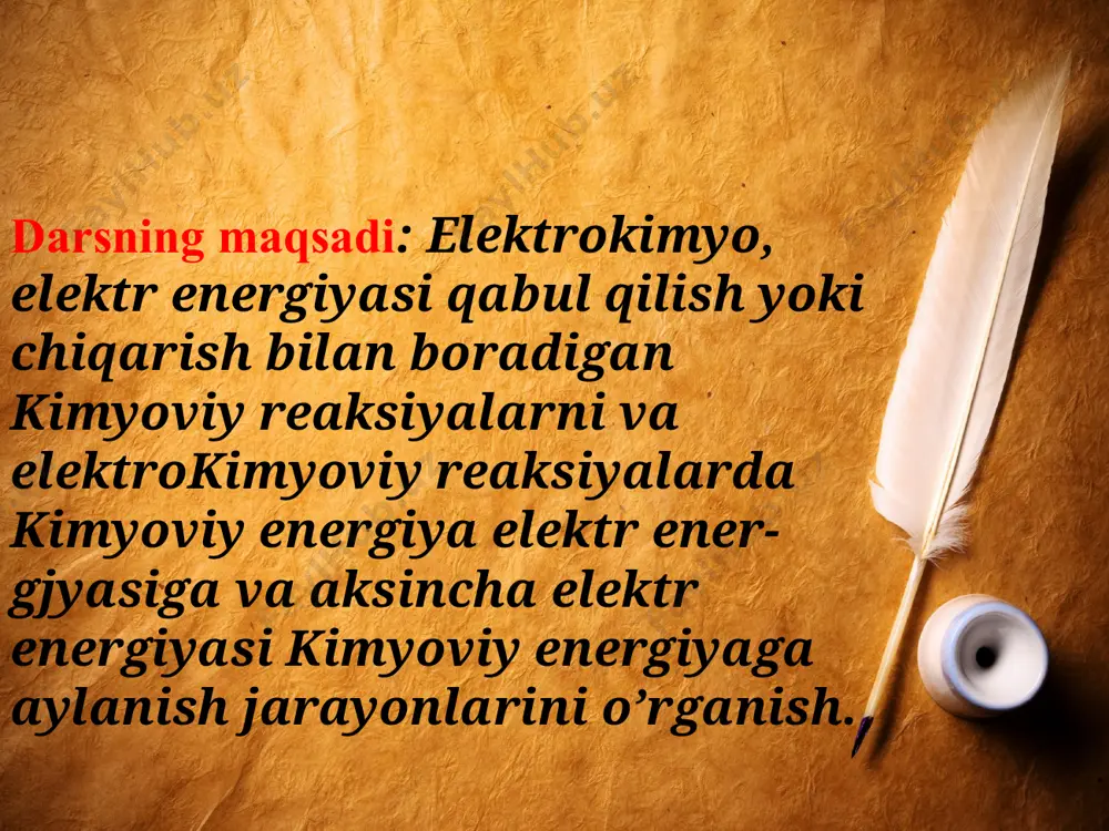 iy, magniy kabi metallar taqatgina elektrokimyoviy usulda olinadi. avtomobil sanoatida, mashinasozlik va boshqa qator sohalarda metallar sirtini elektrokimyoviy qoplash (galvanoplastika) usulidan keng foydaniladi. galvonoplastika orqali buyumlarning aniq metall nusxalari olinadi. bosmaxonalarda klishelar, matritsa, bosrna radiotexnik sxemalartayyorlanadi. po'latni elektrokimyoviy silliqlash aluminiy va magniyni oxorlash ishlari ham elektroliz yordamida bajariladi. nikellash, xromlash, oltin, kumush bilan sirtini qoplash kabi bir qator muhim ishjar amalga oshiriladi suvli eritmalar va suyuqlanmalar elektrolizining nazariy asoslari elektroliz deb, elektrolit eritmasidan yoki suyuqlanmasidan o'zgarmas elektr toki o'tganda sodir bo'ladigan oksidlanish — qaytarilish reaksiyasiga aytiladi. bunda elektrolitlar parchalanib, elektrodlarda mahsulotga aylanadi. elektrodlarda elektr tokining paydo bo'lishi bilan (tok manbaiga ulangach) elektrolitlar parchalanib, kation va anionlar hosil qiladi sanoatda eritmalar elektrolizida turli ishlab chiqarishlarda tok °°'yicha unum 60-90 % dan va energiyadan foydalanish darajasi ->u—60 % dan oshmaydi. suyuquqlanmalar elektrolizida esa tok bo'yicha unum 70—80 % ni tashkil etsa, energiyadan foydalanish eritma elektrolizidan ancha past bo'iadi. masalan, a1203 va kriolit …