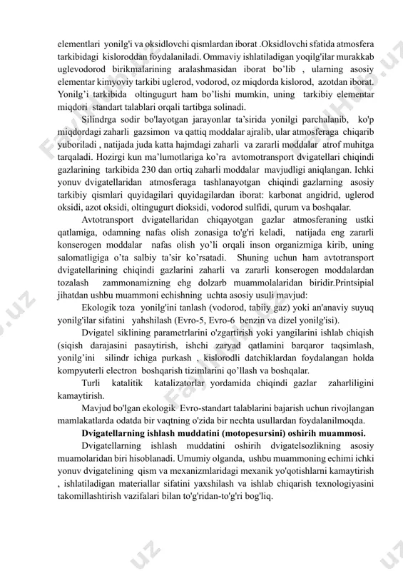 zligini oshirish orqali dvigatel quvvatini ko’tarish keng istiqbolga ega. ichki yonish dvigatellari quvvatini oshirishning yana bir muhim vositasi nadduv usulini qo’llash hisoblanadi. nadduv deganda silindrlarga etkazib berilayotgan havo massasini oshirish bilan bir qatorda yonilgi berishni ko'paytirish orqali dvigatel quvvatini ortirish tushuniladi. berilayotgan havoning miqdori uning zichligini oshirish orqali amalga oshiriladi. bu holatda, dvigatelning quvvati havo zichligining ortishiga to'g'ri proporsional ravishda oshadi. havoning zichligini oshirish uchun compressor ishlatiladi va gazturbinali compressorlar istiqbolli nadduv usullaridan biri hisoblanadi. ushbu kompressor dvigateldan chiqayotgan chiqindi gazlar energiyasi orqali harakatga keltiriladi dvigatelda nadduv qo’llash uning asosiy qism va mexanizmlarining ortiqcha tissiqlik va mexanik zo’riqishiga sabab bo’ladi, chunki bunda silindrga qo'shimcha miqdorda yoqilg'i kiritiladi.. shuning uchun, nadduv qo’llanganda, yonish kamerasida ishchi jismning harorati va maksimal bosimini cheklash, va uning detallarini sifatli materiallardan tayyorlash talab qilinadi. dvigatellarni issiqlik va mexanik zo’riqishlardan himoya qilish uchun porshen, klapanlar, klapan oraliqlari ,forsunka purkagichlarini motor moyi yordamida sovitish usuli qo’llaniladi. dvigatellarni yurgizib …