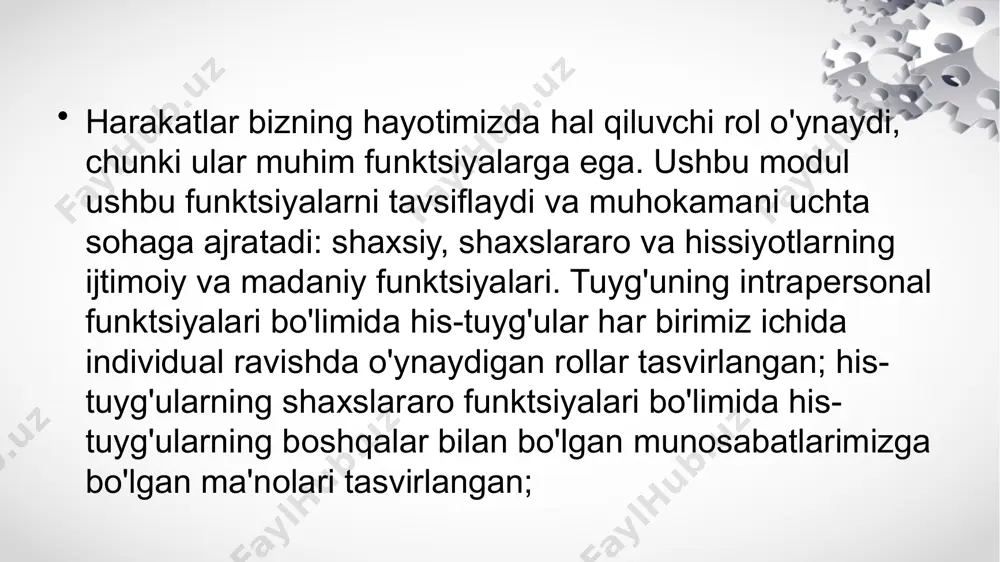 lik yoki uyat. tuyg'ular hayotiy tajribalarni bo'yaydi va bu tajribalarga ma'no va lazzat bag'ishlaydi. darhaqiqat, his-tuyg'ular odamlar hayotida juda muhim rol o'ynaydi va bir asrdan ko'proq vaqt davomida psixologiyada ilmiy tadqiqot mavzusi bo'lib kelgan (kannon, 1927; darvin, 1872; jeyms, 1890). ushbu modul nima uchun bizda his-tuyg'ular borligini va ular nima uchun muhimligini o'rganadi. buning uchun bizdan his-tuyg'ularning funktsiyasini tushunishimiz kerak va bu modul quyida muhokamani uchta bo'limga bo'lish orqali amalga oshiradi. tuyg'ular bizga minimal ongli tushuncha bilan tez harakat qilishimizga yordam beradi tuyg'ular - bu minimal fikrlash bilan harakat qilishimizga yordam beradigan tezkor ma'lumotlarni qayta ishlash tizimlari (tooby & cosmides, 2008). tug'ilish, jang, o'lim va vasvasa bilan bog'liq muammolar evolyutsiya tarixi davomida sodir bo'lgan va hissiyotlar odamlarga ushbu muammolarga tez va minimal ongli kognitiv aralashuv bilan moslashishga yordam berish uchun rivojlangan agar bizda his-tuyg'ular bo'lmasa, hujum qilish, himoya qilish, qochish, boshqalarga g'amxo'rlik qilish, ovqatdan voz kechish yoki foydali narsaga yaqinlashish …