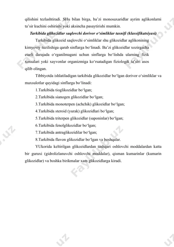 dan katta bir guruxi (gidrolizlanuvchi oshlovchi moddalar), qisman kumarinlar (kumarin glikozidlar) va boshka birikmalar xam glikozidlarga kiradi. tarkibida tioglikozidlar bo‘lgan dorivor o‘simliklar aglikoni tarkibida oltingugurt bo‘lgan glikozidlar tioglikozidlar (s-glikozidlar) deb ataladi. bu glikozidlardagi qand molekulasi aglikon qismi bilan oltingugurt atomi orqali birlashgan. tioglikozidlarning ferment ta’sirida parchalanishidan xosil bo‘lgan aglikon qismi efir moylari xossasiga o‘xshash xossaga ega (uchuvchan va suv bu\i bilan xaydaladi). shuning uchun bu glikozidlarning ba’zi aglikonlari efir moyi deb yuritiladi. tioglikozidlar achchiq bo‘lib, organizmning shilliq qavatlariga va teriga qitiqlovchi ta’sir ko‘rsatadi (terini qizdiradi yoki kuydiradi). oz mikdorda iste’mol qilinsa, ishtaxa ochadi. tioglikozidlar kuchli bakteritsid ta’sirga ega. tioglikozidlar yoki izotiotsianatlar xayvonlarda bo‘qoq kasalligini paydo qilishi mumkin, degan fikr xam bor. tioglikozidlarning turlari ko‘p. ular asosan, karamdoshlar (butguldoshlar, krestguldoshlar) rezadoshlar va boshqa oilalar vakillarida uchraydi. jumladan, karamdoshlar (butguldoshlar) oilasiga kiradigan o‘simliklar (shol\om, karam, rediska, turp, xren, xantal va boshqa o‘simliklar) da keng tarqalgan. tibbiyotda tioglikozidlar saqlovchi o‘simliklardan xozircha faqat xantal …
