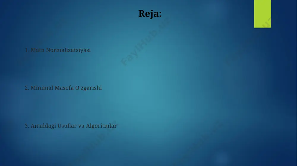 giga bog'liq. matn normalizatsiyasi, 20 dan ortiq turli tillarda, jumladan, o'zbek, rus va ingliz tillarida qo'llaniladigan, matnlarni bir xil standartga keltirish jarayonini o'z ichiga oladi va bu google kabi yirik kompaniyalar uchun 100 millionlab ma'lumotlarni qayta ishlashda muhim ahamiyat kasb etadi. matn normalizatsiyasi jarayoni, 10-15 % gacha bo'lgan xatolarni kamaytirib, ma'lumotlar bazasining izchilligini ta'minlashda muhim rol o'ynaydi va natijada, samarqanddagi kutubxonada saqlanayotgan 1 million sahifali kitoblarni tahlil qilishni osonlashtiradi. standartlashtirish usullari ўзбекистон миллий университетида ўтказилган тажрибаларда, матнларни стандартлаштиришда 30% гача хатолик камайгани ва 95% гача аниқликка эришилганлиги қайд этилган. бу ишда байрон алгоритми ва ўқув маълумотлар базасидан фойдаланилган. самарқанд шаҳридаги маълумотлар базасига асосланган янги стандартлаштириш модели, турли хилдаги шева ва диалектларга эга бўлган 5000 дан ортиқ матнни таҳлил қилиш орқали яратилган бўлиб, минимал ўзгаришлар билан матнларни стандартлаштира олади. тошкентдаги 10 тадан ортиқ тадқиқот марказлари ўзбек тили матнларини стандартлаштириш учун 2023 йилдан бери янги алгоритмларни ишлаб чиқмоқда, бунда фонологik ва морфологik …