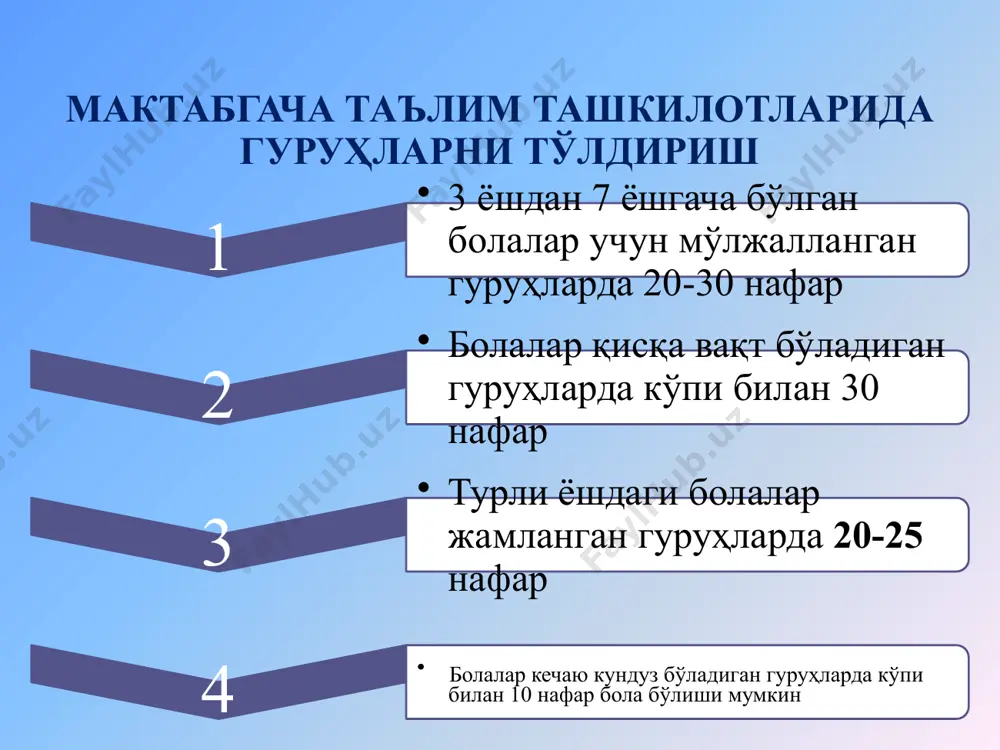 я бир ойда камида 4 марта ташкил этилади.