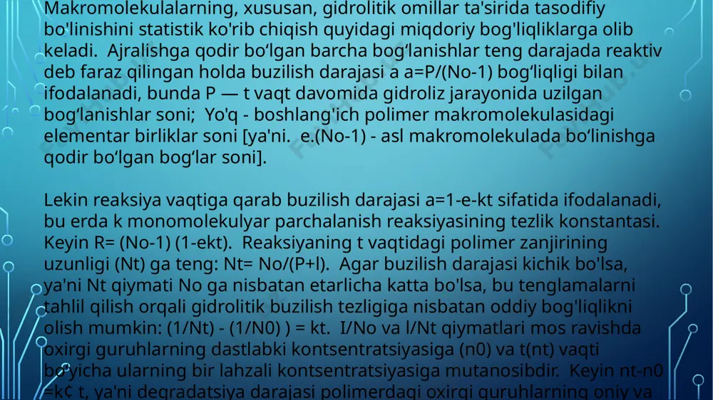 iladi. kimyoviy parchalanish kislotalar, aminlar, spirtlar yoki kislorod kabi qutbli moddalar ta'sirida davom etadi.polimerlarning kimyoviy degradatsiyasining eng keng tarqalgan turi gidrolizdir - suv molekulasi qo'shilishi bilan kimyoviy bog'lanishning bo'linishi. gidroliz jarayoni vodorod yoki gidroksid ionlari tomonidan katalizlanadi. ayrim hmc larning gidrolizi tezlashadiba'zi tabiiy narsalarning mavjudligiferment katalizatorlari, tanlab-ba'zi ulanishlar ustida harakat qiladi. 3. kimyoviy yo’q qilish. gidrolizga moyillik polimerni tashkil etuvchi funktsional guruhlar va bog'lanishlarning tabiati bilan belgilanadi. funktsional yon guruhlarning gidrolizi polimerning kimyoviy tarkibini o'zgartiradi; asosiy molekulyar zanjirni tashkil etuvchi bog'larning gidrolizlanishi natijasida buzilish sodir bo'ladi va polimerning molekulyar og'irligi kamayadi. yangi hosil bo'lgan molekulalarning oxirgi guruhlari tabiatan dastlabki polimerning oxirgi guruhlaridan farq qilmaydi. yo'q qilishning past darajasida yangi hosil bo'lgan oxirgi guruhlarning ulushi shunchalik kichikki, ular polimerning kimyoviy tarkibiga ta'sir qilmaydi va polimerning xususiyatlari deyarli o'zgarmaydi. yo'q qilish darajasining oshishi bilan oxirgi guruhlarning ulushi ortadi va ularning polimer xususiyatlariga ta'siri sezilarli bo'ladi. 4. oksidlovchi degradatsiya. polimerlarning oksidlanish degradatsiyasi, garchi …