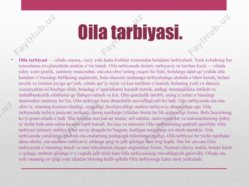 bolalar o'rtasidagi nizolar o'zaro noto'g'ri sabablarga ko'ra ham bo'lishi mumkin. ota-onalarning pedagogik qobiliyatsizligi, shafqatsiz, vahshiyona ta'lim usullari yoki bolalarning haddan tashqari buzilishi bolalar va ota-onalar o'rtasidagi to'liq o'zaro begonalashuvga, dushmanlikka olib kelishi mumkin. ko'pincha bolalarning hayotiy intilishlari oilada nizolarni keltirib chiqarishi mumkin va ota-onalarning asosli qayg'usi bolalarning o'qishga zarar etkazadigan bir tomonlama sevimli mashg'ulotlariga, chekish, ichish va giyohvand moddalarga zararli moyillik paydo bo'lishiga olib keladi. garchi ota-onalar to'g'ri bo'lsa-da, ularning farzandlari ham ota-onalari to'g'ri emasligiga amin emaslar, lekin ular qanday yashashni yaxshiroq bilishadi. ota-onalar uchun bolalarning intilishlari sabablarini tushunish, ularning dalillari va dalillariga etarlicha hurmat ko'rsatish, o'z dalillarini ishonchli tarzda ochib berish muhimdir. oilaviy muammolar asosan bola psixologiyasiga yomon tasir korsatadi xulosa: ota-onalar har bir yosh davrida bolalar muayyan nizolarga moyilligini bilishlari kerak. avvalo, bu to'liq bo'lmagan oilada yoki ota-onalar o'rtasidagi normal munosabatlarda tarbiyalangan bolalarga tegishli. barcha oila a'zolarining manfaatlarini e'tiborsiz qoldiradigan otaning despotizmi, ota-onalarning bir-biriga ma'naviy iliqligi yoki dushmanligi …