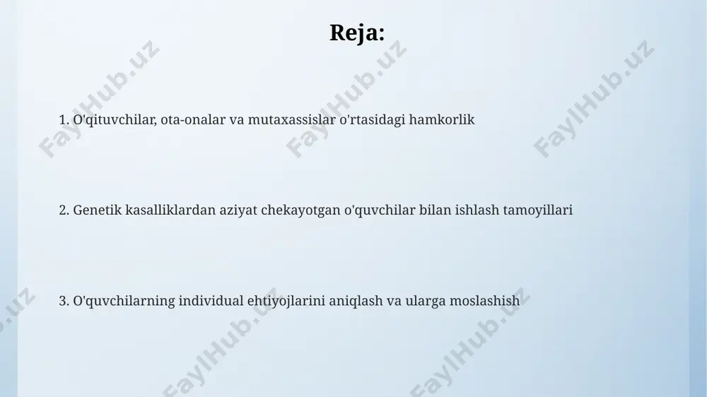 uvchini kuzatishda, samarqanddagi tibbiyot markazining tajribasi shuni ko'rsatdiki, muntazam tibbiy ko'riklar va genetik maslahatlar kasallikning og'irlashuvini 30% ga kamaytiradi. toshkent shahridagi genetika klinikasida o'tkazilgan tadqiqotlarga ko'ra, 5-15 yoshli bolalarda uchraydigan 2 turdagi genetik kasalliklar uchun individual davolash rejalari samaradorligini 75% ga oshirdi. o'quv jarayonini moslashtirish talabaning jismoniy va kognitiv imkoniyatlariga qarab, o'quv materiallarini audio, video va interaktiv formatlarda taqdim etish, masalan, 7-sinf uchun mo'ljallangan darslikni 3 xil shaklda taqdim etish foydali bo'ladi. o'quv jarayoniga qo'shimcha vaqt ajratish, masalan, har bir darsga 15 daqiqa qo'shib, individual yordam ko'rsatish va toshkentdagi ixtisoslashtirilgan maktablarning amaliyotlariga tayanish samarali bo'ladi. o'quv rejasini talabaning genetik kasalligi tufayli cheklangan qobiliyatlarini hisobga olgan holda, masalan, 20% ga qisqartirish va 5ta kichik modulga bo'lish mumkin, bu esa samarqanddagi 12-maktab tajribasiga mos keladi. kelajakdagi rejalar va istiqbollar genetik maslahat xizmatlarini 2025 yilga kelib respublika miqyosida 10 ta shaharga kengaytirish va 50 nafar malakali mutaxassisni tayyorlash rejalashtirilgan. kelajakdagi tadqiqotlar 5 yil …