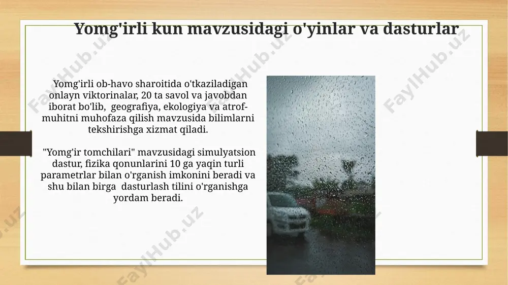 urini kengaytiradi va kamida 5ta turli ijodiy yechimlarni taklif qilishga undaydi. robot texnikasi va dasturlash dasturlashda yomg'ir effektlari simulyatsiyasi uchun 3d modellashtirish va opengl kabi grafik kutubxonalardan foydalanish mumkin, bu esa realistik vizualizatsiyani ta'minlaydi. yomg'irli ob-havo sharoitida robotlarning ishlash samaradorligini oshirish uchun 5 ta turli xil algoritmlarni sinab ko'rish va ularning natijalarini taqqoslash mumkin. animatsiya va video yaratish animatsiya va videoda yomg'ir effektlari yaratish uchun 2d va 3d dasturlar, masalan, after effects yoki blender, yordamida 10-20 ta turli xil texnikadan foydalanish mumkin. yomg'irli manzarani yaratishda ranglarning to'yinganligi va yorug'likning intensivligini o'zgartirish orqali, atmosfera va kayfiyatni aniq ifodalash uchun kamida 5 turdagi filtrlar qo'llanilishi mumkin. kelajakdagi rejalashtirish va takomillashtirish kelajakdagi rejalashtirish uchun 5 yillik strategiya ishlab chiqish, unda 3 ta asosiy yo'nalish – ta'lim texnologiyalari, dasturiy ta'minot va infratuzilmani modernizatsiya qilish bo'yicha aniq ko'rsatkichlarni belgilab olish kerak. o'quv jarayonini takomillashtirish uchun kamida 3 ta yangi o'quv platformasini sinovdan o'tkazish va ularning …