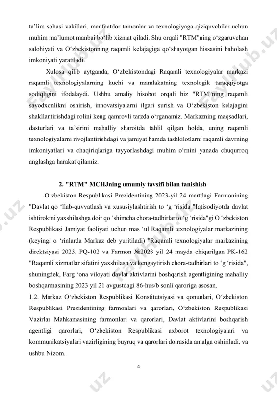 markazi direksiyasi” uk resstr raqami 879375 davlat ro ‘yhatidan o ‘tgan sana 10.08.2020 stir 307627075 ustav kapitali 5 000 000 000 manzili farg ‘ona viloyati, marg ‘ilon shahri, xiyobon ko ‘chasi 65j-uy xisob raqami 20208000605265229243 ikkilamchi schyot(milliy bank) okonh: xizmat ko ‘rsatuvchi bank infinbank akb fergana swift 307627075 mfo kodi 01128 okedkodi email tasischi farg ‘ona viloyat hokimligi ishchi o ‘rni korxona direktori djalilov baxromjon odiljonovich (06,03,1987) pasport ma ‘lumoti аа 4157088 toshloq tumani iib 04.02.2014. stir telefon raqami +998 99 367 64 14 1.3. markazning nomi: o`zbek tilida (lotin yozuvida): to`liq nomi - "raqamli texnologiyalar markazi direksiyasi" mas ‘uliyati cheklangan j amiyati. qisqartirilgan nomi - "raqamli texnologiyalar markazi direksiyasi" mchj. rus tilida: to `liq nomi - общество с ограниченной ответственностью "raqamli texnologiyalar markazi direksiyasi". qisqartirilgan nomi - ооо "raqamli texnologiyalar markazi direksiyasi". ingliz tilida: to ‘liq nomi - "raqamli texnologiyalar markazi direksiyasi" limited liability company. qisqartirilgan nomi - "raqamli …