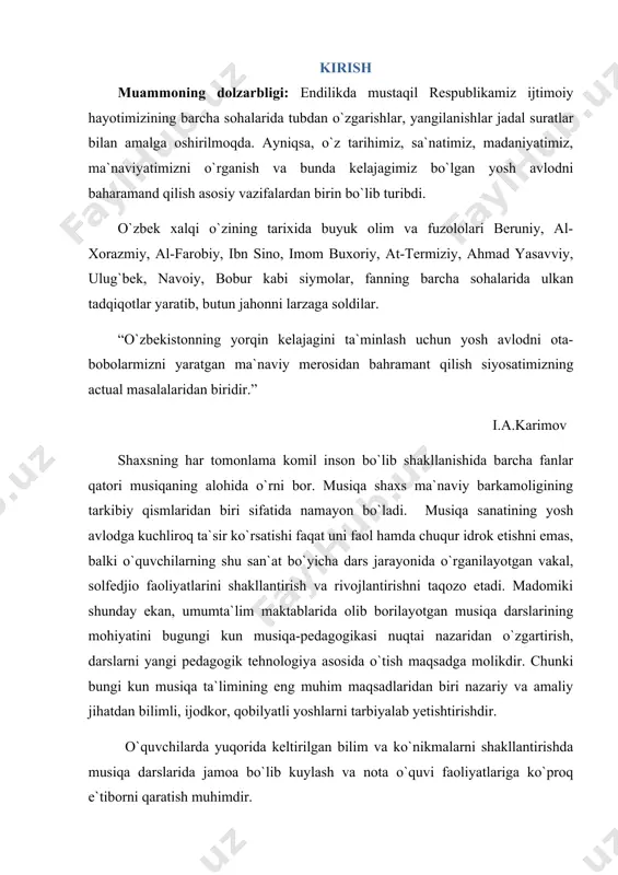 dars jarayonida musiqa faoliyatlarining barcha turlaridan dars imkoniyati chegarasida foydalanilmoqda. musiqa darslarining saviyasi, sifati yanada unumli bo`lishligi uchun dars davomida solfedjio, ya`ni nota o`qish va notaga qarab kuylash faoliyatlariga ko`proq vaqt ajratish darsning sifatini ta`minlaydi. xulosa qilib aytganda nota o`qish va notaga qarab kuylash, ya`ni solfedjio dars davomidagi barcha faoliyatlarni nazariy va amaliy jihatdan birbiriga bog`laydi, o`quvchilarda aniq va yuqori kuylash saviyasini shakllantiradi. musiqa darslari samaradorligini yanada oshirish ularni ilmiy va amaliy nuqtai nazaridan o`rganish bugungi kun musiqa pedagogikasini dolzarb vazifalaridan biridir. shundan kelib chiqgan holda biz o`z bitiruv malakaviy tadqiqot ishimizning mavzusini tanladik. bitiruv malakaviy ishning maqsadi: musiqa darslarining samaradorligini oshirishda nota o`qish va notaga qarab kuylash malakalaridan yanada kengroq foydalanishning imkoniyatlarini nazariy va amaliy jihatdan yanada chuqurroq o`rganish va maktab o`quv tizimiga tadbiq etish. tadqiqotimizning obyekti: o`rta maktabda musiqa madaniyati darslarining o`qitilish jarayoni. tadqiqot predmeti: musiqa madaniyati darslarining jamoa bo`lib kuylash faoliyati jarayonida o`quvchilarning notalarni erkin o`qishi va …