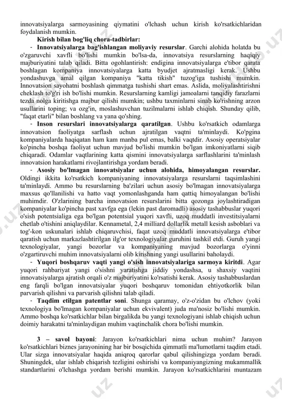zog'i: chiqishlardan ko'ra kirishlarga e'tibor qaratish. oxir oqibat, har qanday kompaniyaning innovatsion harakatlarining maqsadi foydali o'sishni yaratishdir. faqatgina kirish bilan bog'liq ko'rsatkichlarni kuzatadigan kompaniyalar qiziqarli, lekin natijada kam ta'sirli loyihalarda resurslarga (ayniqsa, ilmiy) ega bo'lish xavfini tug'diradi. kirish bilan bog'liq chora-tadbirlarga e'tibor qaratish chegaralarining oddiy misoli sifatida, 2006 yildagi tadqiqotni ko'rib chiqing, unda eng katta ilmiy-tadqiqot byudjetiga ega kompaniyalar ta'kidlangan. amerika qo'shma shtatlaridagi to'plamda etakchi bo'lgan ford edi, uning reklamasiga qaramay, u hech kimning innovatsion kompaniyalar ro'yxatiga kirmaydi. xuddi shunday, texnologiyaga yo'naltirilgan kompaniyalar o'z olimlariga berilgan patentlar sonini diqqat bilan kuzatib boradilar. ibm boshqa kompaniyalarga qaraganda ko'proq patent olganini g'urur bilan ta'kidlaydi. bu haqiqat bilan faxrlanishi kerak. patentlar raqobatdosh ustunlik manbai bo'lishi mumkin. ular texnologik hamjamiyat o'z o'yinining tepasida ekanligini ko'rsatishi mumkin. ammo patentlar uchun patentlar vaqtni behuda sarflashi mumkin. esingizda bo'lsin, ixtiro va innovatsiya o'rtasida sezilarli farq bor. oddiy qilib aytganda, chiqish muhim. tavsiya etilgan ko'rsatkichlar. innovatsion ko'rsatkichlarni o'rgangan …