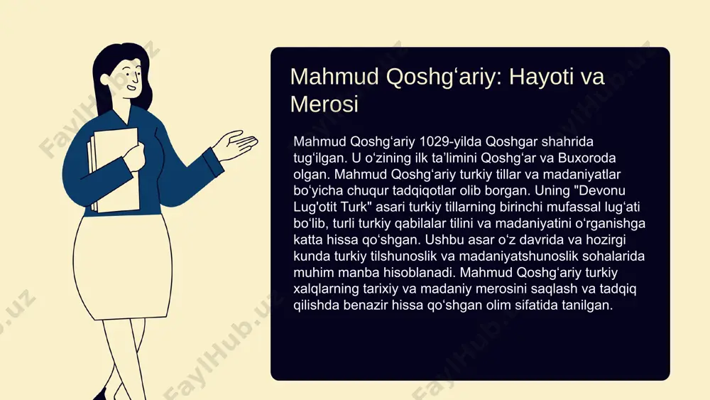 sligi va madaniyatida ajralmas o'rin egallaydi. devoni lugʻati turk asarining oʻrganilish tarixi devoni lugʻati turk asari oʻrganilishining tarixiy rivojlanishi bir necha bosqichlardan iborat. bu asar mahmud qoshgʻariy tomonidan 11-asrda yozilgan bo'lib, turkiy tillarning boyligini ko'rsatadi. dastlab, bu asar sharq olimlari tomonidan qadrlangan va oʻrganilgan. keyinchalik, 20-asrda g'arb olimlari tomonidan ham keng oʻrganilgan. 1915-yilda v.v. bartold bu asarni ilmiy jamoatchilikka tanishtirdi. 1960-yillarda s. malov asardagi matnlarni tahlil qilib, turkologiya faniga katta hissa qoʻshdi. ushbu asarni oʻrganish davomida koʻplab tadqiqotchilar turli xil lugʻaviy va grammatik jihatlarni ochib bergan. bugungi kunda "devoni lugʻati turk" turkiy tillarni oʻrganishda asosiy manbalardan biri hisoblanadi. asarning dastlabki o'rganilishi devonu lugʻotit turk asarining dastlabki o'rganilishi mahmud qoshgʻariy tomonidan amalga oshirilgan. u o'z asarida turkiy tillarning boyligini va ularning lingvistik xususiyatlarini chuqur tadqiq etgan. uning ishi o'sha davrda turkiy xalqlar orasida keng tarqalgan turli tildagi so'zlarni to'plab, ularning izohini berishni o'z ichiga oladi. qoshgʻariy asarida gramatik tahlil, so'zlarning kelib …