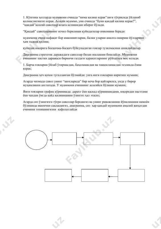 r tuzilmasini aniqlaydilar. diagramma strategik darajadagi savollar bilan ishlashni boshlaydi. muammoni echishning pastki darajasi birinchi galdagi harakatlarning ro'yxatiga mos keladi. 1. barcha g'oyalarni o'ylab o'tirmasdan, baholamasdan va taqqoslamasdan tezlikda yozish kerak; diagramma hech qachon tugallangan bo'lmaydi: unga yangi g'oyalarni kiritish mumkin; agarda chizmada savol uning “shoxlarida” bir necha bor qaytarilsa, unda u biror muhimlikni anglatadi. u muammoni echishning asosiysi bo'lishi mumkin; yangi g'oyalarni grafik ko'rinishda: daraxt yoki kaskad ko'rinishidami, yuqoridan pastgami yoki chapdan o'ngda qayd qilinishini o'zingiz hal etasiz; agarda siz o'zingizga to'g'ri savollar bersangiz va uning rivojlanish yo'nalishini namoyon bo'lishida ishonchni saqlasangiz, diagramma, siz har qanday muammoni amaliy jihatdan echimini topishingizni kafolatlaydi vaziyatli masalalar 1. stomatolog |6 pastki tishni davolash jarayonida medial kanallardan birida fayl sinib koldi. sizning chora-tadbirlaringiz: *a impregnatsiya usullaridan foydalanish *b gemisektsiya utkazish v tishni olib tashlash g xech kanday chora kurmaslik d sun'iy koplama bilan koplash 2. bemor 34 yoshda, ogiz bushligini sanatsiya kilish maksadida …
