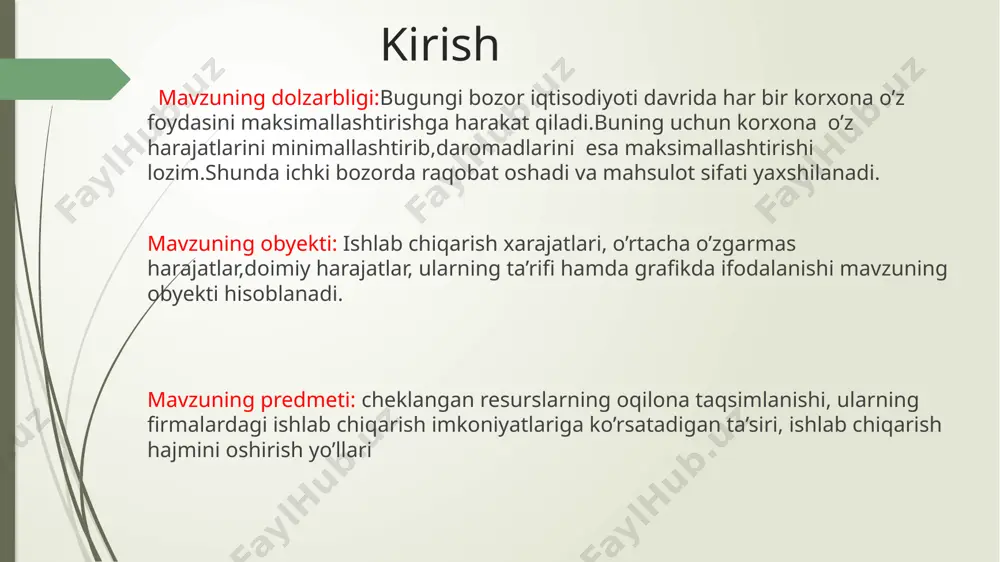hun sarflangan qo’shimcha umumiy hrajat mc=*tc/*q *тарануха ю.в микроэкономика.-учебное поосбие. - м.:издатель-,«делоисервис»,2002 .-79с. umumiy xarajatlar. ishlab chiqarish xarajatlari muomala xarajatlari yonilg’i va moylash materiallarining xarajatlari amortizatsiya xarajatlari xom-ashyo xarajatlari ish haqi sof muomala xarajatlari qo’shimcha muomala xarajatlari 2.xarajatlar va ularning grafikda ifodalanishi korxonalarni yalpi xarajatlari doimiy va o`zgaruvchan xarajatlardan iborat bo`ladi. doimiy xarajatlar(fixed cost=fc) — bu ijara to`lovi, qorovullik xizmati to`lovi, boshqaruvchi va muxandislar maoshi va shu kabilardan iborat bo`ladi va ishlab chiqarish xajmiga bog`liq bo`lmaydi. o’rtacha o’zgarmas harajatlar(afc)-bir birlik mahsulotga to’g’ri keladigan o’zgarmas xarajat bo’lib,u quyidagicha hisoblanadi; afc=fc/q* q fc, afc fc afc *пиндайк р., рабинфельд д. учебник. микроэкономика.: питер, 2011. — 211 с o`zgaruvchan xarajatlar(varaible cost =vc) — bevosita ishlab chiqarish hajmi bilan bog’liq harajatlardir, ya’ni xom ashyo, materiallar, yoqilg`i, elektr energiya, ish haqi va shunga o`xshashlardan iboratdir. *o`zgaruvchan xarajatlarning grafik ko’rinishi: нуреев р. м. курс микроэкономики : учебник — м .: норма : инфра-м ., 2014. — …