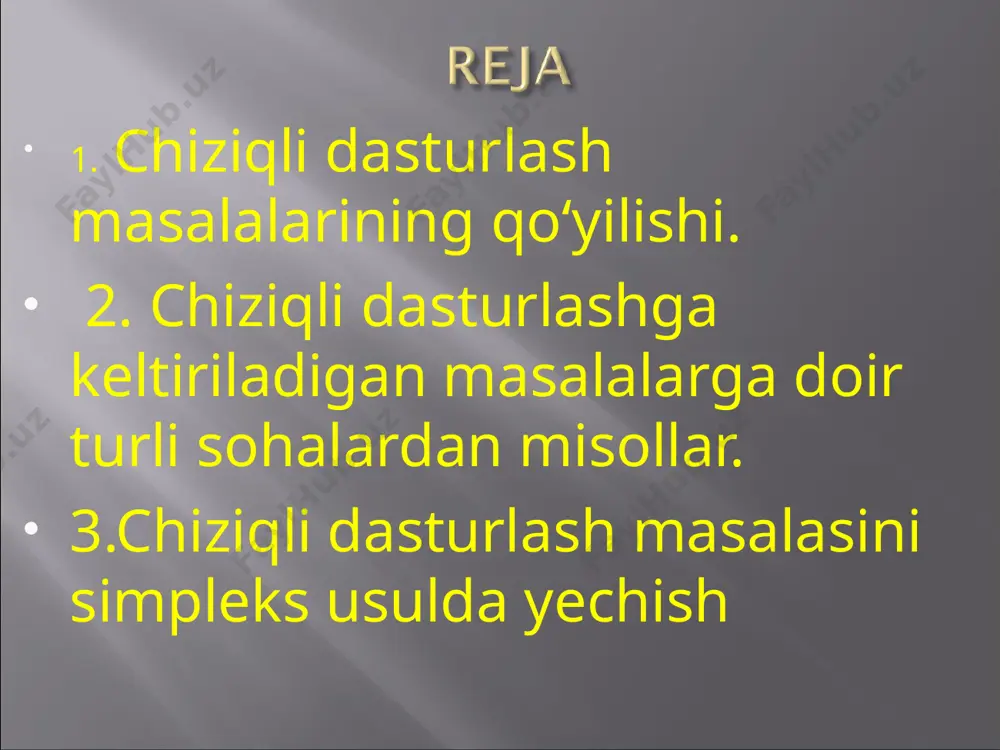 i ham xar xil bo’ladi. matematik modellashtirishda exm imkoniyatidan keng foydalanish mumkin. ya'ni matematik tenglamalarni sonli usulda yechish bilan xulosalar olish mumkin. modellashtirish jarayonida modellashtirishning ikki turidan xam foydalanish mumkin. bunday modellashtirishga "gibrid" modellashtirish deyiladi. masalan biron - bir jarayonning fizik modeli yaratiladi va uni boshqarish esa exm yordamida amalga oshiriladi yoki jarayon fizik modelda kuzatiladi, o’lchov natijalari va hisoblash ishlari exm yordamida bajariladi. fizik va matematik modellashtirishning afzallik va murakkab tomonlari mavjud. matematik model quyidagi elementlar kombinatsiyasidan iborat: o’zgaruvchlar(ma’lum va noma’lum) – har doim aniqlanish sohasiga ega(kirish o’zgaruvchilari va chiqish o’zgaruvchilari) parametrlar – sonli qiymatlar qabul qiladi funksional bog’lanishlar cheklashlar (tabiiy yoki suniy) maqsad funksiya(optimallash masalalarida) matematik modellarni qurish usullari: tabiat qonunlari asosida modellashtirish statistik va empirik modellar qurish imitasion modellashtirish. chiziqli dasturlash. nochiziqli dasturlash. tarmoqli dasturlash dinamik dasturlash ketma-ketlik nazariyasi. o’yinlar nazariyasi va boshqalar. ma'lumki, biror ob'ektni matematik modellashtirish deganda shu ob'ekt xossa va xususiyatlarini matematik munosabatlar yoki …