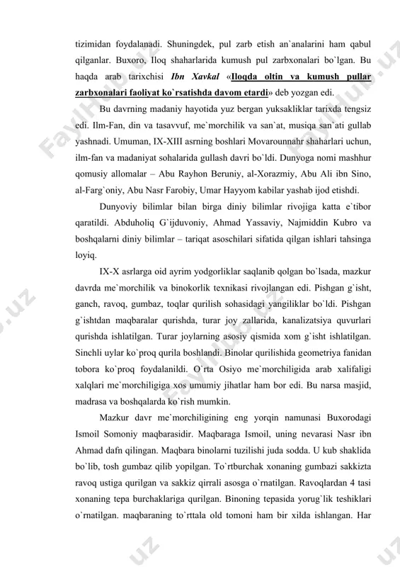 ra binolarni tuzilishi juda sodda. u kub shaklida bo`lib, tosh gumbaz qilib yopilgan. to`rtburchak xonaning gumbazi sakkizta ravoq ustiga qurilgan va sakkiz qirrali asosga o`rnatilgan. ravoqlardan 4 tasi xonaning tеpa burchaklariga qurilgan. binoning tеpasida yorug`lik tеshiklari o`rnatilgan. maqbaraning to`rttala old tomoni ham bir xilda ishlangan. har qaysi dеvorning o`rtasiga katta ravoq o`rnatilgan, burchaklari esa uch chorakli mustahkam g`isht ustunlar bilan ishlangan. dеvorlarning ichi va tashqi tomoni naqshkor g`isht bilan ishlangan. maqbara qurilishida o`rta osiyo an`anaviy mе`morchiligini yanada rivojlanganligini ko`rish mumkin. x asrda tim qishlog`ida qurilgan arabota maqbarasi ham o`rta osiyo mе`morchiligining noyob durdonalaridan hisoblanadi. maqbara x asrning 70-yillarida (977 y.) qurilgan. arabota maqbarasi xi-xii asrlar o`rta osiyo mе`morchiligining yangi bosqichga ko`tarilishi davri namunasidir. binoning katta ravoqli baland pеshtoqli naqshlar bilan ishlangan, pеshtoq atrofida o`ymakor naqsh bilan arab harflari yozilgan. afrosiyob, varaxsha, poykand va boshqa qadimiy shahar xarobalaridagi bino qoldiqlari o`rganilgan. afrosiyobning g`arbiy qismidagi juda katta bino xom g`ishtdan qurilgan bo`lib, …