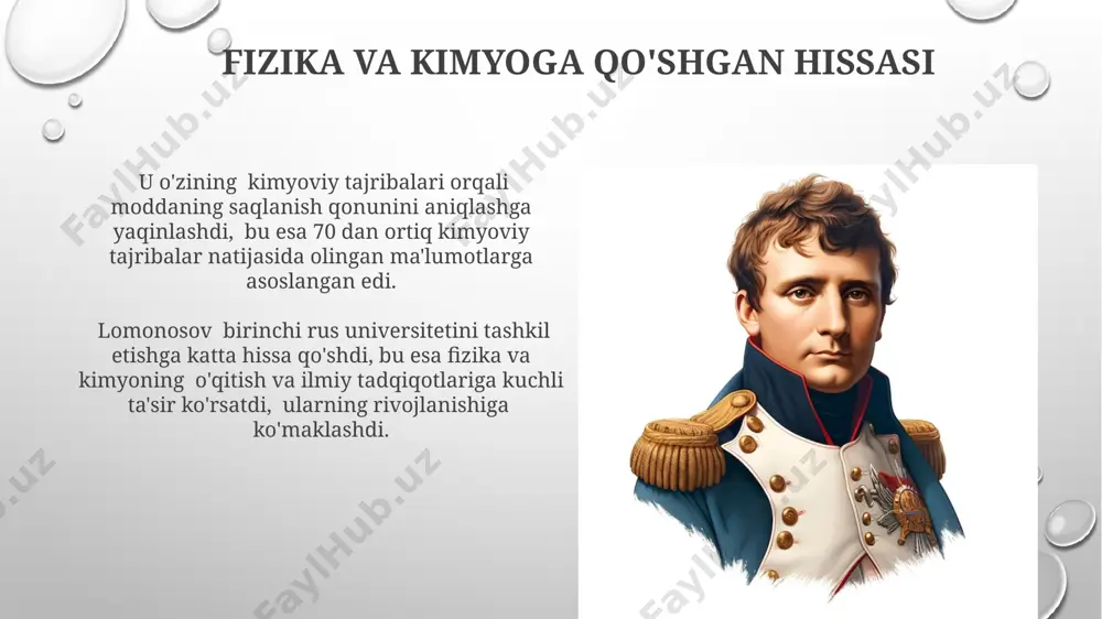 i rektorlaridan biri ham bo'lgan va 18-asr o'rta asrlarida zamonaviy ilmiy ta'limning rivojlanishiga sezilarli hissa qo'shgan. universitetning dastlabki yillarida lomonosov tomonidan 3 ta asosiy fan yo'nalishi – matematika, fizika va kimyo – ajratib ko'rsatilgan bo'lib, bu keyingi rivojlanish uchun mustahkam poydevor yaratdi. geologiya va mineralogiyaga oid tadqiqotlari lomonosov yer yuzidagi jarayonlarni o'rganishda fizika va kimyo qonunlarini qo'llagan holda, geologik voqealarni ilmiy tushuntirishga harakat qilgan, bu esa geologiya fanining rivojlanishiga ta'sir ko'rsatgan. lomonosov 1763-yilda "yer qatlamlarining tabiiy tarixi haqida" maqolasida yer qobig'ining qatlamlarini va ularning hosil bo'lish jarayonlarini, shu jumladan, minerallarning kristallanishini ta'riflab bergan. adabiyotdagi merosi lomonosovning "rossiya grammatikasi" asari rus adabiyoti rivojiga katta hissa qo'shdi, 18-asr rus tilining normalarini shakllantirishda muhim rol o'ynadi va keyingi avlod yozuvchilariga ta'sir ko'rsatdi. lomonosovning falsafiy va ilmiy traktatlari, jumladan, "qadimgi va yangi rus tarixi haqida fikrlar" kabi asarlari, rus adabiyotida ma'rifatparvarlik g'oyalarini tarqatishga hissa qo'shdi. e'tiboringiz uchun rahmat @taqdimot_robot image3.png image4.jpg image5.jpg image6.jpg image7.jpg …