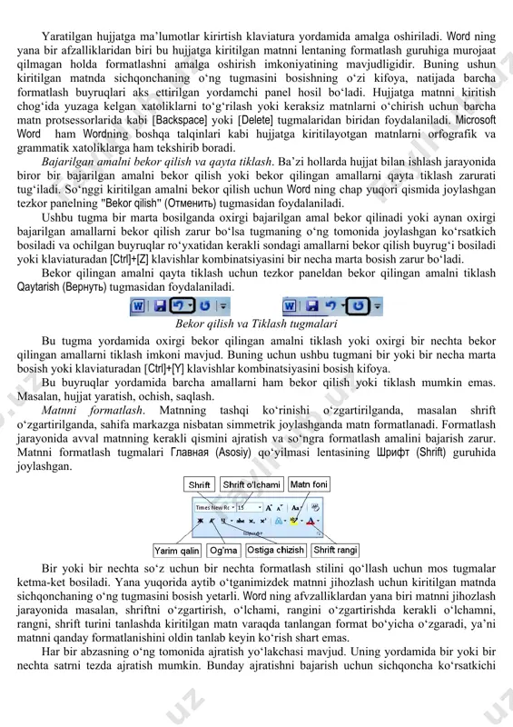 lash. matnning tashqi ko‘rinishi o‘zgartirilganda, masalan shrift o‘zgartirilganda, sahifa markazga nisbatan simmetrik joylashganda matn formatlanadi. formatlash jarayonida avval matnning kerakli qismini ajratish va so‘ngra formatlash amalini bajarish zarur. matnni formatlash tugmalari glavnaya (asosiy) qo‘yilmasi lentasining shrift (shrift) guruhida joylashgan. bir yoki bir nechta so‘z uchun bir nechta formatlash stilini qo‘llash uchun mos tugmalar ketma-ket bosiladi. yana yuqorida aytib o‘tganimizdek matnni jihozlash uchun kiritilgan matnda sichqonchaning o‘ng tugmasini bosish yetarli. word ning afvzalliklardan yana biri matnni jihozlash jarayonida masalan, shriftni o‘zgartirish, o‘lchami, rangini o‘zgartirishda kerakli o‘lchamni, rangni, shrift turini tanlashda kiritilgan matn varaqda tanlangan format bo‘yicha o‘zgaradi, ya’ni matnni qanday formatlanishini oldin tanlab keyin ko‘rish shart emas. har bir abzasning o‘ng tomonida ajratish yo‘lakchasi mavjud. uning yordamida bir yoki bir nechta satrni tezda ajratish mumkin. bunday ajratishni bajarish uchun sichqoncha ko‘rsatkichi satrning chap tomoniga olib kelinadi. u o‘ngga yo‘naltirilgan strelga ko‘rinishini oladi. sichqonchaning chap tugmasini bosib turilgan holda harakatlantirilsa, kerakli satrlar …