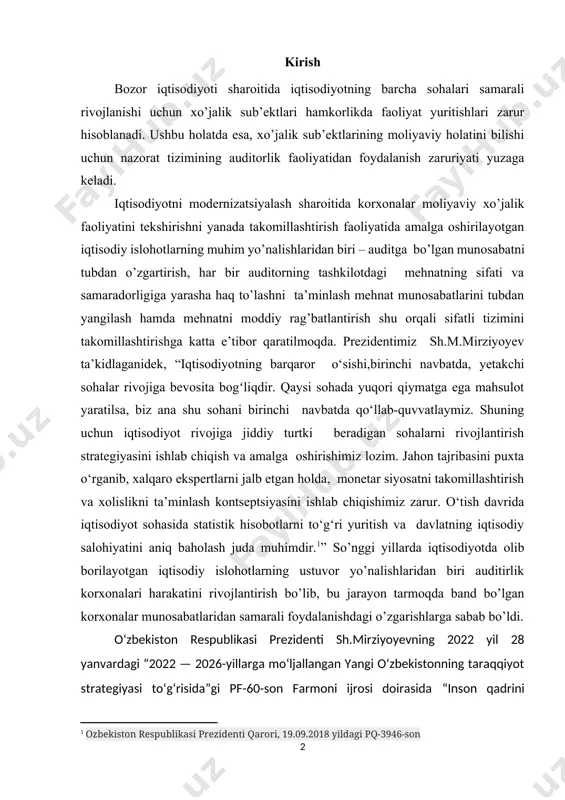 katini rivojlantirish bo’lib, bu jarayon tarmoqda band bo’lgan korxonalar munosabatlaridan samarali foydalanishdagi o’zgarishlarga sabab bo’ldi. [1: ozbekiston respublikasi prezidenti qarori, 19.09.2018 yildagi pq-3946-son] o‘zbekiston respublikasi prezidenti sh.mirziyoyevning 2022 yil 28 yanvardagi “2022 — 2026-yillarga mo‘ljallangan yangi o‘zbekistonning taraqqiyot strategiyasi to‘g‘risida”gi pf-60-son farmoni ijrosi doirasida “inson qadrini ulug‘lash va faol mahalla yili”da amalga oshirishga oid davlat dasturining 4-maqsadida ichki audit xizmati xodimlarini malakasini oshirish va sertifikatlash tizimini yaratish ustuvor yo’nalish sifatida keltirib o’tilgan[footnoteref:2]. [2: o‘zbekiston respublikasi prezidenti sh.mirziyoyevning 2022 yil 28 yanvardagi “2022 — 2026-yillarga mo‘ljallangan yangi o‘zbekistonning taraqqiyot strategiyasi to‘g‘risida”gi pf-60-son farmoni] pul mablag’larini auditorlik tekshiruvidan o’tkazishning asosiy maqsadi: kassadagi milliy va xorijiy valyutadagi naqd pul mablag’lari, bankdagi hisobkitob schyoti, valyuta schyotlari va boshqa maxsus schyotlarga doir muomalalarni auditorlik tekshiruvidan o’tkazib, moliyaviy hisobotning «pul mablag’lari» bo’limi bo’yicha ma’lumotlarning ishonchliligi va bankdagi schyotlarda pul mablag’larini hisobga olish uslubiyotining o’zbekiston respublikasida amal qilayotgan me’yoriy hujjatlarga muvofiqligi to’g’risida xulosa shakllantirish, ular saqlanishi va …