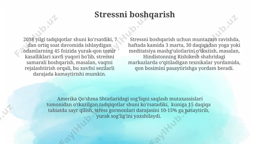 i xavfini 30% ga kamaytirishi mumkinligi amerika yurak assotsiatsiyasi tomonidan tasdiqlangan. bu natijalar 50 yoshdan oshgan 1000 dan ortiq ishtirokchi ustida o'tkazilgan tadqiqotlarga asoslangan. yurak kasalliklari nima? yurak kasalliklari, dunyo bo'ylab 17,9 million kishining o'limiga sabab bo'lib, jahon sog'liqni saqlash tashkiloti ma'lumotlariga ko'ra, yurak-qon tomir kasalliklari orasida eng ko'p tarqalganidir. o'zbekistonda, yurak kasalliklari bilan og'riganlar soni 50 yoshdan oshgan aholi orasida yuqori bo'lib, taxminan 40% ini tashkil etadi, bu esa erkaklar orasida ko'proq uchraydi. yurak xujayralarining 80% dan ortig'ini shikastlantiradigan miya infarkti kabi jiddiy holatlar, tezkor tibbiy yordamning mavjudligi toshkent kabi yirik shaharlarda ham muhim ahamiyatga ega. oldini olish yurak-qon tomir kasalliklari bilan bog'liq o'lim holatlari soni samarqand viloyatida 2022 yilda 15% ga oshgan, bu esa sog'lom turmush tarzini targ'ib qilish va erta diagnostika muhimligini ta'kidlaydi. o'pka arteriyasi gipertenziyasi, yurak kasalliklarining bir turi, o'zbekistonda yiliga taxminan 5000 dan ortiq odamda tashxislanadi va davolashning etishmasligi tufayli o'limga olib kelishi mumkin. to'g'ri …