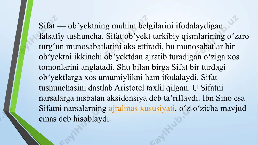 ti deb, mana shu mahsulotga nisbatan qo’yilgan xalq ehtiyoji talablarini qondirilish darajasi, ularning xossa xususiyatlari, tashqi ko’rinishi, ishlatilishining qulayligiga aytiladi. sifatni shakllantiruvchi elementlar sifat ko’rsatkichlari deyiladi va turlicha usullar yordamida aniqlanadi.mahsulotning texnikaviy tavsifi orqali aniqlanuvchi tovarlar yaroq-liligining asosiy elementlari konstruktsiya sifati deyiladi. konstruktsiya sifatini takomilashtirilishi bilan uning qiymati ham ortadi. sifat boshqaruv sikli. odatda, ishlab chiqarishdagi sarf-harajatlarning umumiy miqdori asosiy ishlab chiqarish sarf-harajatlari hamda nazoratga va yaroqsiz, defekt mahsulotlarni ishlab chiqarishga ketgan harajatlardan iborat bo’ladi. nazorat qanchalik aniq, asosli o’tkazilsa, defekt mahsulotlar ishlab chiqarish hisobiga yo’qotishlar shunchalik qisqaradi, nazorat sarf-harajatlari ortadi. nazorat sarf-harajatlarini oshirmagan holda ishlab chiqarilayotgan mahsulotning texnik shartlarga mos kelishi darajasini oshirish maqsadga muvofiqdir. rejalashtirish amalga oshirish tekshirish doimiy takomillashtirish iso 9001: 2008 standarti asosidagi sifat menejmenti tizimini joriy etish “rejalashtirish - bajarish - tekshirish - takomillashtirish” siklini qo'llash imkonini beradi. ushbu tsiklni qisqacha tavsiflash mumkin: rejalashtirish (reja) - mijozlar talablari va tashkilot siyosatiga muvofiq natijalarga erishish uchun …