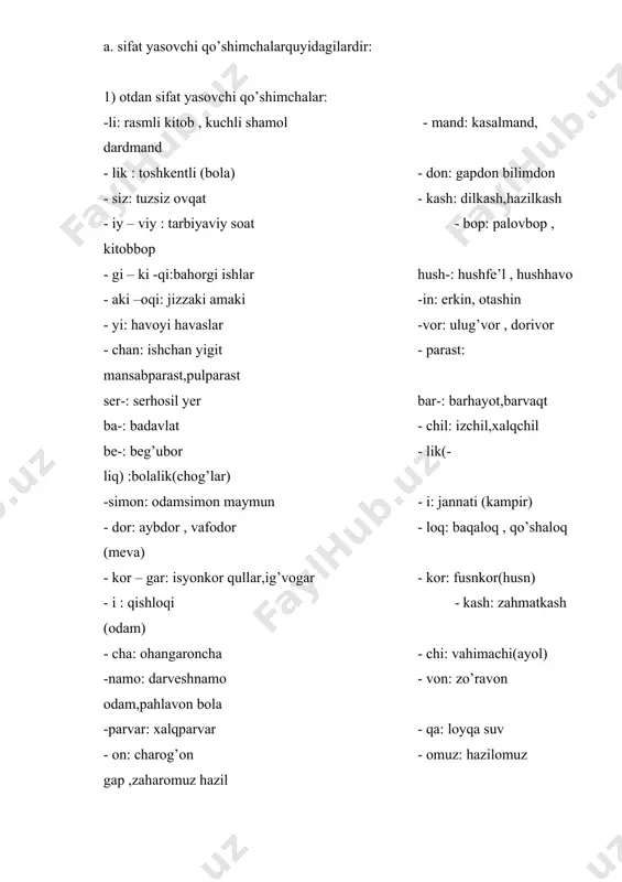ngina fe’l yasaladi. demak , qo’shimcha yordamida fe’ldan fe’l yasalmaydi. – la qo’shimchasi fe’ldan boshqa deyarli barcha so’z turkumlaridan fe’l yasaydi: ishla oqla sekinlamoq shivirla senlamoq yarimlamoq uxlamoq -lan –lash: qo’shimchalari ot sifat va ravishlardan fe’l yasaydi: faxrlandi achchiqlandi ikkilandi ko’maklashdi suxbatlashdi yaqinlashdi -illa taqlidiy so’zlaradan fe’l yasaydi: chirqilla -ira qo’shimchasi qo’shimchasi taqlidiy so’zlardan fe’l yasaydi : yarqiradi yaltiradi -a qo’shimchasi ot sifat va taqlidiy so’zlardan fe’l yasaydi : tuna bo’sha guldura o’yin + a = o’yna -(a)y qo’shimchasi ot sifat va ravishlardan fe’l yasaydi : qoray kuchay ko’pay -(a)r qo’shimchasi ayrim sifatlardan fe’l yasaydi : qisqar ko’kar -sira -sa qo’shimchalari ot vas en siz olmoshlaridan fe’l yasaydi: qonsira, suvsira ,sizsira, suvsa -(i)k –(i)q qo’shimchasi sanoqli so’zlardangina fe’l yasaydi : birikmoq , yo’liqmoq -i qo’shimchasi sanoqli so’zlardan fe’l yasaydi : boyi , tinchi -(i,o)t qo’shimchasi sanoqli so’zlardan fe’l yasaydi: yo’qot to’lat berkit -ir qo’shimchasi ot taqlidiy so’zlardan fe’l yasaydi : …
