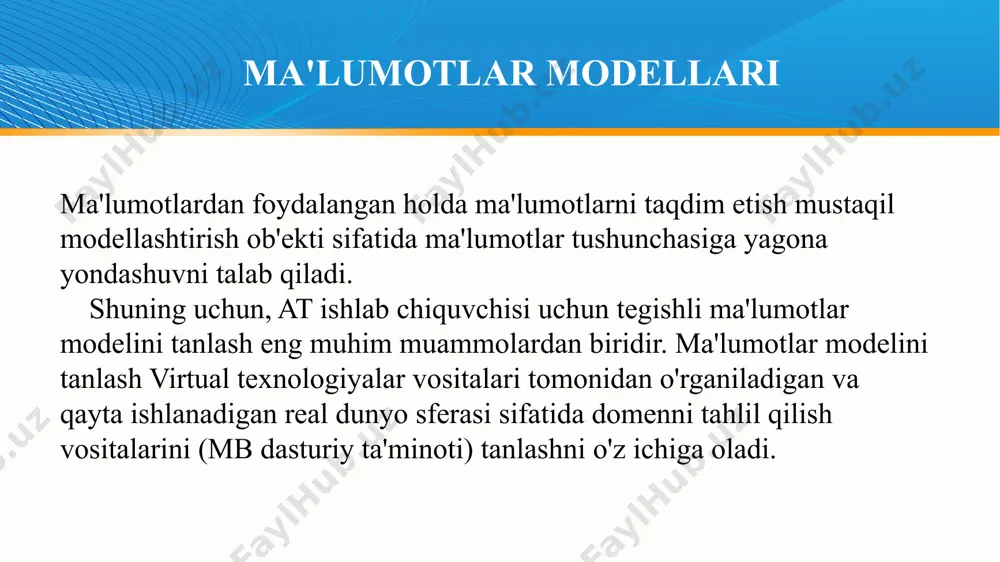 a'lumotlarni abstraktsiyalash bo'yicha bir nechta qarashlar (sxemalar) mavjud. 1. foydalanuvchi nuqtai nazaridan (tashqi sxema deb ataladi) ma'lumotlar ta'rifi domen tili kontekstida ifodalanadi. ma'lumotlar tuzilishi va mazmuni faoliyat sohasiga va ma'lum bir foydalanuvchining xususiyatlariga qarab o'zgaradi. 2. kompyuter nuqtai nazaridan (ichki sxema deb ataladi) ma'lumotlar saqlash va qidirish uchun fayl tuzilmalari nuqtai nazaridan aniqlanadi. bu holda ma'lumotlar strukturasi aniq kompyuter texnologiyasiga va ma'lumotlarni samarali qayta ishlash talablariga bog'liq. ma'lumotlar modellari ansi/x3/sparc ma'lumotlar bazasi tadqiqot guruhi ideal ma'lumotlarni boshqarish muhitini yaratish uchun uni uchinchi, oraliq nuqtai nazardan aniqlash kerak degan xulosaga keldi (ansi/x3/sparc uch sxemali kontseptsiyasi). ushbu ko'rinish (kontseptual asos deb ataladi) domen ichidagi ma'lumotlarning bir xil ta'rifini tashkil etadi, ulardan biron bir aniq foydalanishga yo'naltirilmaydi va ma'lumotlarning kompyuterda jismoniy qayta ishlanishidan qat'iy nazar. 13 ma'lumotlar modellari ma'lumotlar modellari 14 ma'lumotlar bazasi ma'lumotlar bazasida ma'lum, haqiqiy ma'lumotlar tuzilmasining mavjudligidan tuzilgan ma'lumotlar tushunchasiga olib keladi, ya'ni bunday ma'lumotlar bazalaridagi ma'lumotlar o'zaro bog'liq elementlar …
