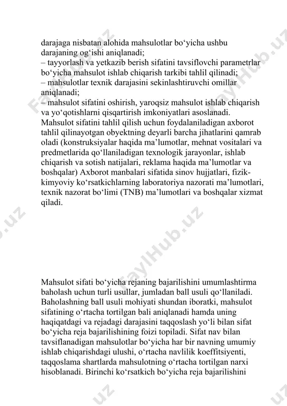 motlar va boshqalar) axborot manbalari sifatida sinov hujjatlari, fizik-kimyoviy ko‘rsatkichlarning laboratoriya nazorati ma’lumotlari, texnik nazorat bo‘limi (tnb) ma’lumotlari va boshqalar xizmat qiladi. mahsulot sifati bo‘yicha rejaning bajarilishini umumlashtirma baholash uchun turli usullar, jumladan ball usuli qo‘llaniladi. baholashning ball usuli mohiyati shundan iboratki, mahsulot sifatining o‘rtacha tortilgan bali aniqlanadi hamda uning haqiqatdagi va rejadagi darajasini taqqoslash yo‘li bilan sifat bo‘yicha reja bajarilishining foizi topiladi. sifat nav bilan tavsiflanadigan mahsulotlar bo‘yicha har bir navning umumiy ishlab chiqarishdagi ulushi, o‘rtacha navlilik koeffitsiyenti, taqqoslama shartlarda mahsulotning o‘rtacha tortilgan narxi hisoblanadi. birinchi ko‘rsatkich bo‘yicha reja bajarilishini baholashda mahsulotning umumiy hajmida har bir navning haqiqatdagi ulushi rejadagi bilan, sifat dinamikasini o‘rganish uchun esa – o‘tgan davrlar ma’lumotlari bilan taqqoslanadi. o‘rtacha navlilik koeffitsiyenti barcha navdagi mahsulotlar qiymatining yuqori nav bahosi bo‘yicha qiymatiga nisbati sifatida aniqlanadi. 5-jadvaldan ko‘rinadiki, mahsulot ishlab chiqarish rejasi 98,8 % bajarilgan, yuqori navli mahsulot ishlab chiqarish 104,9 % , birinchi navli – 90,9 %. …