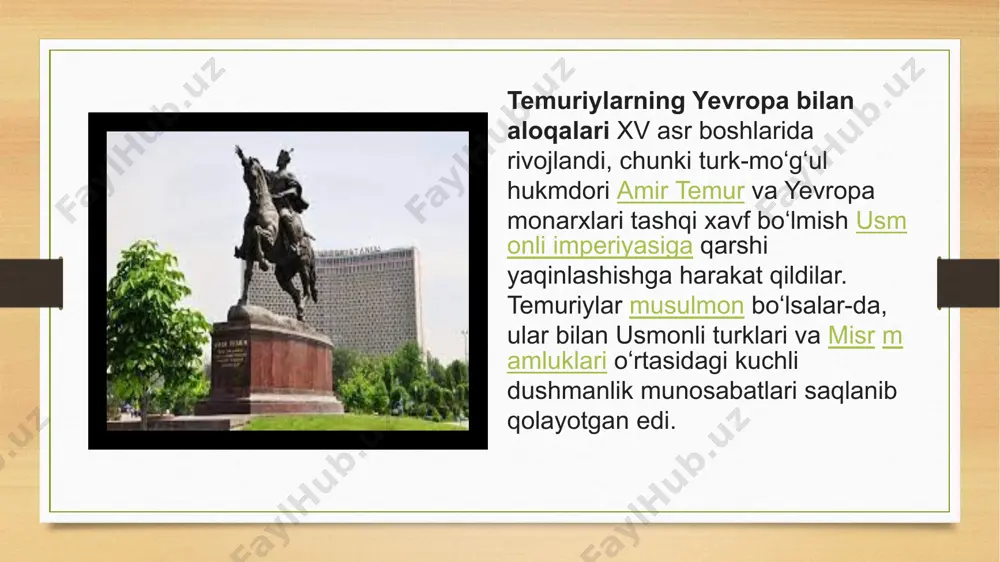 ng yevropaga hujum qilishiga qarshi amir temur va yevropa davlatlari oʻrtasida ittifoq tuzish imkoniyati mavjud edi. usmonli va mamluk dushmanlarini tajovuzkor ittifoqlar yordamida oʻrab olishni istagan amir temur uchun aniq bir sabab bor edi. bir asr oldingi franko-moʻgʻul ittifoqiga qarshi qaratilgan ushbu urinishlar, ayniqsa usmonli hujumlari oʻsha paytda konstantinopolga tahdid solayotgan edi. temur karl vi saroyiga sultonya arxiyepiskopi dominikan ruhoniysi janni elchi qilib yubordi .jan 1403-yil 15-iyunda parijga yetib keldi. temurning maktubi karl vi ga yetkazilib, unda quyidagilar tavsiflangan: "eng osoyishta, eng muzaffar qirol va sulton, frasniya va boshqa ko'plab millatlar qiroli, eng qadrli do'stim, dunyoning eng marhamatli monarxi, ko'plab buyuk urushlar g'olibi." temur karl viga harbiy ittifoq hamda tijoriy aloqalarni yanada rivojlantirishni taklif qildi. karl vi faqat temur oʻlimidan sal oldin (1405) javob elchiligini yubora olishi mumkin edi. ispaniya bilan aloqalar ham rivojlangan. ispaniyalik tarixchi migel anxel ochoa brunning fikriga koʻra, kastiliya qiroli genri iii va amir temur oʻrtasidagi …