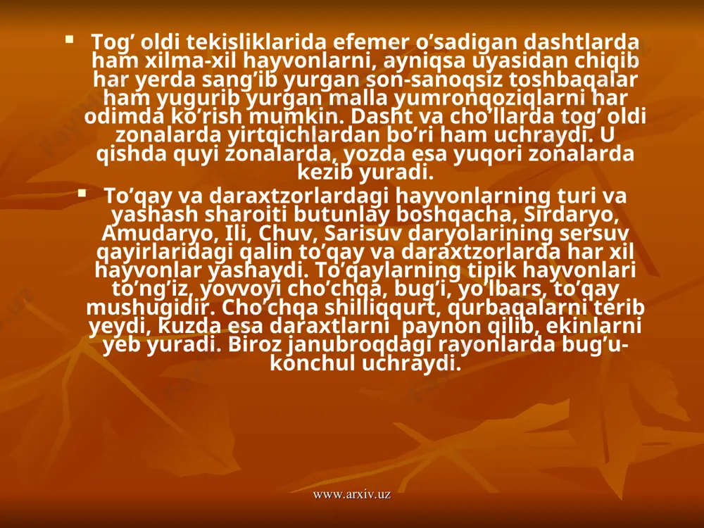 www.arxiv.uz subalp va alp tipidagi landshaftlarning o’ziga xos ajoyib hayvonlari bor. qoyali dalalarda va toshloq vodiylarda, markaziy osiyo tog’ takasi va kiyigi yashaydi. tog’ takasi doimiy qor chegarasida ham uchraydi, tog’ kiyigi esa 2500 m balandlikda ham uchraydi. sug’urlar 2000-4500 m balandlikda to’da-to’da bo’lib yashaydi va o’z hayotini ko’p qismini uyquda o’tkazadi. subalp va alp tipidagi mintaqada himolay qora kurkasi bor. tyanshan va pomir alp mintaqasida janubiy yevropa va janubiy osiyoning tog’ zag’chasi ham ko’p. tog’ to’rg’ayi, alp chumchuqsimon qushi, yurok kabi qushlar alp tipidagi mintaqaga mosdir. yirtqich qushlardan boltayutar bor. www.arxiv.uz www.arxiv.uz