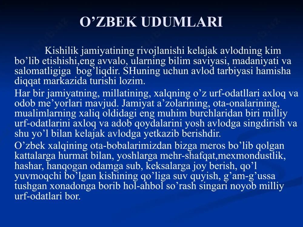 bag‘oyat, o‘ta, bеnihoyat, nihoyat, nihoyatda kabilar. mashq sifatlarni aniqlab, qiyosiy va ortiirma darajadagi sifatlarni toping. 1.u notanish kishilarni yaxshiroq ko’rish uchun derazadan qaradi. 2.qiz eshikni kattaroq ochib, uning kirishini kutmay, to’rdagi baland zinali dehliz tomon yo’l oldi. 3.odam yomon kunini ko’proq eslaydi, chunki yomon kuni kam bo’ladi bizda. 4.modamiki shunday ekan, u bizning eng yaqin do’stimizdir. 5.otalar o’z bolalarining dunyodagi bolalarning zo’ri, eng xushbichimi deb bilishadi 6.serzavq narsalarni eslagandan yaxshi narsa bormi? sаvоllаr: 1. siz qanday udumlarni bilasiz? 2. sifаt nimа? 3. sifаtning turlаri hаqidа gаpiring. 4. sifаt dаrаjаlаri hаqidа gаpiring. 5. sifаtlаrning оtlаshishigа misоl аyting. diqqatingiz uchun katta rahmat!!! tuzuvchi: i.madiyarov