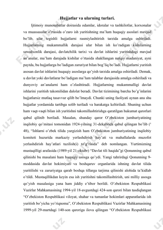 i va zaruriyatga qarab boshqa tillarga tarjima qilinishi alohida ta’kidlab o’tildi. mustaqillikdan keyin esa ish yuritishni takomillashtirish, uni milliy asosga qo’yish masalasiga yana ham jiddiy e’tibor berildi. o’zbekiston respublikasi vazirlar mahkamasining 1994-yil 18-avgustdagi 424-son qarori bilan tasdiqlangan “o’zbekiston respublikasi viloyat, shahar va tumanlar hokimlari apparatlarida ish yuritish bo’yicha yo’riqnoma”, o’zbekiston respublikasi vazirlar mahkamasining 1999-yil 29-martdagi 140-son qaroriga ilova qilingan “o’zbekiston respublikasi vazirliklari, davlat qo’mitalari, idoralari, korporatsiyalari, konsernlari, uyushmalari, kompaniyalarida va boshqa markaziy muassasalarida, apparatlarida ish yuritish va ijro nazoratini tashkil etish bo’yicha namunaviy yo’riqnoma” lar fikrimizning dalilidir. n. mahmudov, a. madvaliyev, n. mahkamov, n. aminovlarning “o’zbek tilida ish yuritish (munshaot)”, yana shu mualliflarning “ish yuritish” amaliy qo’llanmalari esa o’zbeek tilida ish yuritishning me’yoriy asoslarini belgilab berishda g’oyatda muhim qo’llanma bo’lib xizmat qilmoqda. chunki mualliflarning ish yuritish borasida bergan yo’l-yo’riqlari xodimlarning faoliyatida metodik yordam beradi, hujjatlarni rasmiylashtirish qoidalarini o’rgatadi, ish qog’ozlarining hamma joyda bir xil bo’lishini ta’minlaydi. 5. ammo shunday qo’llanmaning …