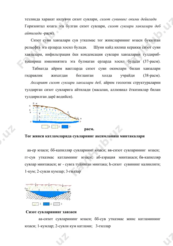 н юкори мутлак баландликларда жойлашади. сизот суви горизонтлари дарё водийлари, жарликлар, сойлар, кул чукурликлари билан кесилса, улар булоклар куринишида ер юзига окиб чикади ва сарф булиш жараёни руй беради. сизот сувининг юзаси уйилган томонга караб пасайиб боради ва бу юзани депрессион юза дейилади. сизот сувлари катор узига хос белгиларга эга: 1. сизот сувлари аксарият босимсиз, эркин юзага эга булади ва атмосфера билан тугридан-тугри богланган булади. тог олди текисликларида ва ташилиш конуси ёткизикларида босимли хам булиши мумкин. 2. озукаланиш ва таркалиш майдонлари устма-уст тушади ва асосий озукаланиш манбалари булиб атмосфера, ер усти ва конденсацион сувлар хизмат килади. 3. сизот сувлари вакт бирлигида узига хос режим билан характерланади. уларнинг режими яъни вакт бирлиги ичида захирасини, сатхини, кимёвий ва бактериологик таркибининг физик хоссаларини узгариши, худуднинг иклимига, аэрация минтакасида содир буладиган физикавий, кимёвий ва биокимёвий жараёнларга, кишиларнинг хужалик ва инженерлик фаолиятига боглик сизот сувларининг юзаси сизот сувларининг сув таъминоти, мелиорация ва турли иншоотларни куриш …