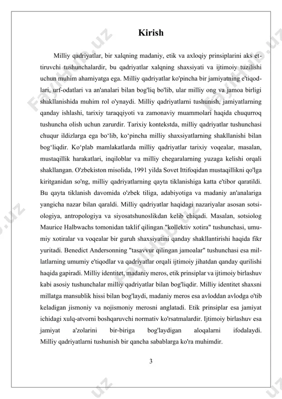 ul yordamida tadqiqotchilar keng ko'lamli ma'lumotlarni yig'ishlari va ularni statistik tahlil qilishlari mumkin. misol uchun, o'zbekistonda o'tkazilgan so'rovlar natijalari, milliy qadriyatlarni saqlashga bo'lgan umumiy e'tiborni ko'rsatadi va bu qadriyatlarning ahamiyatini o'rganish uchun asos bo'lishi mumkin. tarixiy tahlil metodologiyasi milliy qadriyatlarning vaqt o'tishi bilan qanday o'zgarganini tushunishga yordam beradi. bu usulda tadqiqotchilar tarixiy manbalarni, hujjatlarni va arxiv materiallarini tahlil qilib, milliy qadriyatlarning tarixiy kontekstini o'rganishlari mumkin. masalan, o'zbekistondagi mustaqillik harakati va uning milliy qadriyatlarni qayta tiklashdagi roli haqida tarixiy tadqiqotlar olib borish, bugungi kunda milliy qadriyatlarning qanday shakllanganini va ularning rivojlanish jarayonini ko'rsatishi mumkin. ii. globalizatsiya va milliy qadriyatlar o'rtasidagi ziddiyatlar globalizatsiya va milliy qadriyatlar o'rtasidagi ziddiyatlar zamonaviy jamiyatlarning eng muhim va dolzarb masalalaridan biridir. globalizatsiya jarayoni butun dunyo bo'ylab madaniy, iqtisodiy, va siyosiy aloqalarni kuchaytirib, bir xil standartlar va qadriyatlarni tarqatmoqda. biroq, bu jarayon mahalliy milliy qadriyatlarning saqlanishiga va rivojlanishiga salbiy ta'sir ko'rsatishi mumkin. shu bois, globalizatsiya va milliy qadriyatlar …