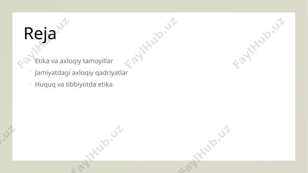 iyatlar va an'analarni hisobga olgan holda, jamiyatda ahamiyatga ega bo'lgan muammolarni hal etishga qaratilgan. jamiyatdagi axloqiy qadriyatlar: tarixiy va madaniy kontekst. 1 tarixiy kontekst o'zbekistonda axloqiy qadriyatlar asrlar davomida shakllangan. ular musulmonlik, mahalliy an'analar va madaniy meros bilan bog'liqdir. 2 madaniy ta'sir o'zbekistonning madaniyati axloqiy qadriyatlarni belgilashda muhim rol o'ynaydi. folklor, san'at va adabiyot bu qadriyatlarni rivojlantiradi va saqlaydi. 3 jamiyatdagi o'rni axloqiy qadriyatlar jamiyatdagi ijtimoiy munosabatlarni belgilaydi. ular odamlar o'rtasida ishonch, hurmat va hamkorlikni mustahkamlashga yordam beradi. axloqiy qadriyatlar va ijtimoiy munosabatlar: o'zbekistonda. 01 axloqiy qadriyatlar o'zbekistonda axloqiy qadriyatlar, milliy an'analarga asoslanib, halollik, adolat va o'zaro hurmatni o'z ichiga oladi, bu esa jamiyatni birlashtiradi. 02 ijtimoiy munosabatlar o'zbekistondagi ijtimoiy munosabatlar, o'zaro yordam va hamkorlikka asoslangan bo'lib, axloqiy qadriyatlar orqali kuchayadi va barqarorlikni ta'minlaydi. 03 madaniy meros o'zbekistonning boy madaniy merosi, axloqiy qadriyatlarni o'z ichiga olgan holda, yosh avlodlarga kelajak uchun muhim saboqlar beradi va ijtimoiy hayotda rol o'ynaydi. 04 …