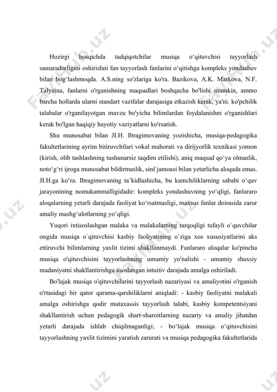 'nalishi - umumiy shaxsiy madaniyatni shakllantirishga asoslangan intuitiv darajada amalga oshiriladi. bo'lajak musiqa o'qituvchilarini tayyorlash nazariyasi va amaliyotini o'rganish o'rtasidagi bir qator qarama-qarshiliklarni aniqladi: - kasbiy faoliyatni malakali amalga oshirishga qodir mutaxassis tayyorlash talabi, kasbiy kompetentsiyani shakllantirish uchun pedagogik shart-sharoitlarning nazariy va amaliy jihatdan yetarli darajada ishlab chiqilmaganligi; - bo‘lajak musiqa o‘qituvchisini tayyorlashning yaxlit tizimini yaratish zarurati va musiqa pedagogika fakultetlarida fanlarni o‘qitishning an’anaviy tor yo‘naltirilganligi; - malakali mutaxassis tayyorlashda musiqa o'qituvchilarining birgalikdagi harakatlarini muvofiqlashtirish zarurati va o'qituvchilarning ushbu faoliyat turini amalga oshirishga tayyor emasligi. ushbu qarama-qarshiliklarni hisobga olgan holda, tadqiqot mavzusi aniqlandi va muammo shakllantirildi: bo'lajak musiqa o'qituvchisining kasbiy kompetensiyasini muvaffaqiyatli shakllantirish uchun qanday pedagogik shartlar mavjud? ushbu muammoni hal qilish bizning tadqiqotimizning maqsadidir. 1. musiqa o‘qituvchisi malakasini olgan bitiruvchi o‘qitilayotgan fanning o‘ziga xos xususiyatlarini hisobga olgan holda maktab o‘quvchilariga ta’lim va tarbiya berishga tayyor bo‘lishi; umumiy shaxsiy madaniyatni shakllantirishga hissa qo'shish; turli texnika, uslub va o‘quv qo‘llanmalaridan foydalanish; …