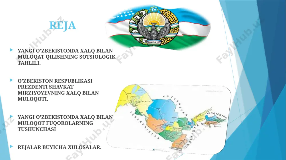 yangi oʻzbekistonda xalq bilan muloqot qilish tizimi ijtimoiy adolat va tenglik tamoyillariga asoslangan. turli ijtimoiy guruhlar va hududlardan kelgan murojaatlarning barchasi birdek ko‘rib chiqiladi va muammolariga yechim izlanadi. bu esa fuqarolar o‘rtasida teng imkoniyatlarni ta’minlaydi va ularda adolatga nisbatan ishonchni kuchaytiradi. sotsiologik jihatdan, bu jarayon ijtimoiy adolat tamoyilini kuchaytirib, jamiyatdagi ijtimoiy tengsizliklarni kamaytirishga yordam beradi. sotsiokulturning o‘zgarishi va fuqarolik jamiyati 6 sotsiokulturning o‘zgarishi va fuqarolik jamiyati xalq bilan muloqot qilish tizimi yangi madaniy qadriyatlarni shakllantirishga olib keladi. fuqarolar davlat organlari bilan muloqot qilish jarayonida shaffoflik, ochiqlik, o‘zaro hurmat kabi tamoyillarni qadrlay boshlaydilar. bu madaniy o‘zgarish fuqarolik jamiyatini rivojlantirishda muhim rol o‘ynaydi, chunki odamlar o‘z fikrlarini ochiq bildirish va davlat qarorlarida ishtirok etishga o‘rganadilar. fuqarolik jamiyatining rivojlanishi esa davlat boshqaruv tizimining demokratiklashuviga olib keladi. 7 ijtimoiy integratsiya va jamoaviy hamkorlik xalq bilan muloqot qilish jarayoni turli ijtimoiy qatlam va guruhlarning davlat idoralari bilan hamkorligini kuchaytiradi. fuqarolar davlat idoralari bilan muntazam aloqada …