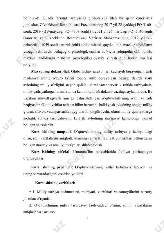 mas’ul bo’lgan shaxslardir. kurs ishining maqsadi: o’qituvchilarning milliy tarbiyaviy faoliyatidagi o’rni, roli, vazifalarini aniqlash, ularning samarali faoliyat yuritishlari uchun zarur bo’lgan nazariy va amaliy tavsiyalar ishlab chiqish. kurs ishining ob’ekti: umumta’lim maktablarida faoliyat yuritayotgan o’qituvchilar. kurs ishining predmeti: o’qituvchilarning milliy tarbiyaviy faoliyati va uning samaradorligini oshirish yo’llari. kurs ishining vazifalari: ⦁ 1. milliy tarbiya tushunchasi, mohiyati, vazifalari va tamoyillarini nazariy jihatdan o’rganish. 2. o’qituvchining milliy tarbiyaviy faoliyatdagi o’rnini, rolini, vazifalarini aniqlash va asoslash. 3. o’qituvchining shaxsiy fazilatlari va kasbiy kompetentligiga qo’yiladigan talablarni belgilash. 4. o’quv jarayonida va sinfdan tashqari mashg’ulotlarda milliy tarbiyani amalga oshirish yo’llari va shakllarini tahlil qilish. 5. ota-onalar va mahalliy jamoatchilik bilan hamkorlikda milliy tarbiyani amalga oshirish usullarini aniqlash. 6. o’qituvchilarning milliy tarbiyaviy faoliyatini baholash mezonlarini ishlab chiqish. 7. milliy tarbiyaviy faoliyatni takomillashtirish bo’yicha ilmiy-amaliy tavsiyalar ishlab chiqish. kurs ishining tuzulishi: kirish, 2 ta bob, 4 ta paragrif, xulosa va adabiyotlar ro’yxatidan iborat. i bob. o’qituvchilarning milliy …