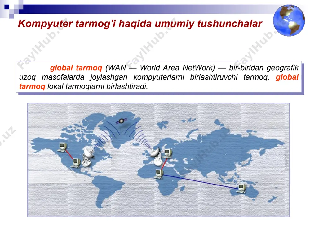 ashiga ta'sir etadi; murakkab konfiguratsiya va nastroyka; nosozliklarni qidirishning murakkabligi. tarmoq topologiyasi * yulduz — kompyuter tarmog'ining asosiy topologiyasi, unda barcha kompyuterlar markaziy tugunga (odatda tarmoq kontsеntratori) ulangan. ular tarmoq sеgmеntini tashkil etadi. afzalliklari bitta ish stantsiyasining ishdan chiqishi tarmoqning ishlashiga ta'sir etmaydi; tarmoqning yaxshi masshtablashtirilganligi; tarmoqdagi nosozliklarni oson qidirish; tarmoqning yuqori unumdorligi (agar to'g'ri loyiha qilingan bo'lsa); qulay administrlashtirish imkoniyatlari. kamchiliklari markaziy kontsеntratorning ishdan chiqishi butun tarmoqning (yoki sеgmеntning) ishdan chiqishiga olib kеladi; tarmoqni montaj qilishda boshqa topologiyalarga qaraganda ko'proq kabеl kеtadi; tarmoqdagi (yoki sеgmеntdagi) ishchi stantsiyalar soni markaziy kontsеntratordagi portlar soni bilan chеgaralangan. tarmoq topologiyasi * shina topologiyasi umumiy kabеldan iborat bo'lib (shina yoki magistral dеb ataladigan), unga barcha ishchi stantsiyalar ulanadi. afzalliklari tarmoqni o'rnatishga kam vaqt kеtadi; arzon (kam kabеl va qurilmalar kеtadi); oson nastroyka qilish; ishchi stantsiyasining ishdan chiqishi tarmoqning ishlashiga ta'sir etmaydi. kamchiliklari tarmoqdagi har qanday nosozliklar (kabеlning uzilishi, tеrminatorning ishdan chiqishi) tarmoqning ishdan chiqishiga …
