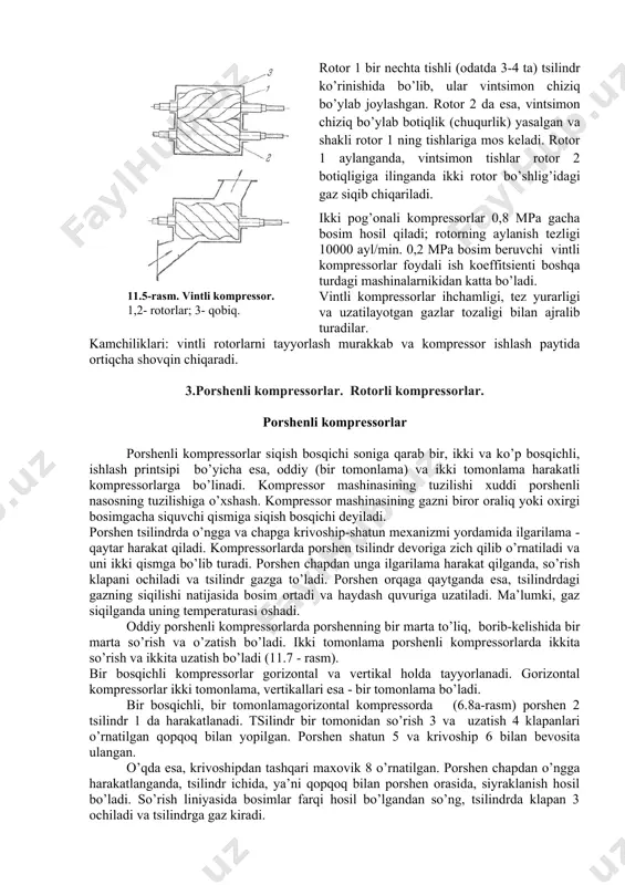 ari: vintli rotorlarni tayyorlash murakkab va kompressor ishlash paytida ortiqcha shovqin chiqaradi. 3.porshenli kompressorlar. rotorli kompressorlar. porshenli kompressorlar porshenli kompressorlar siqish bosqichi soniga qarab bir, ikki va ko’p bosqichli, ishlash printsipi bo’yicha esa, oddiy (bir tomonlama) va ikki tomonlama harakatli kompressorlarga bo’linadi. kompressor mashinasining tuzilishi xuddi porshenli nasosning tuzilishiga o’xshash. kompressor mashinasining gazni biror oraliq yoki oxirgi bosimgacha siquvchi qismiga siqish bosqichi deyiladi. porshen tsilindrda o’ngga va chapga krivoship-shatun mexanizmi yordamida ilgarilama - qaytar harakat qiladi. kompressorlarda porshen tsilindr devoriga zich qilib o’rnatiladi va uni ikki qismga bo’lib turadi. porshen chapdan unga ilgarilama harakat qilganda, so’rish klapani ochiladi va tsilindr gazga to’ladi. porshen orqaga qaytganda esa, tsilindrdagi gazning siqilishi natijasida bosim ortadi va haydash quvuriga uzatiladi. ma’lumki, gaz siqilganda uning temperaturasi oshadi. oddiy porshenli kompressorlarda porshenning bir marta to’liq, borib-kelishida bir marta so’rish va o’zatish bo’ladi. ikki tomonlama porshenli kompressorlarda ikkita so’rish va ikkita uzatish bo’ladi (11.7 - rasm). bir …