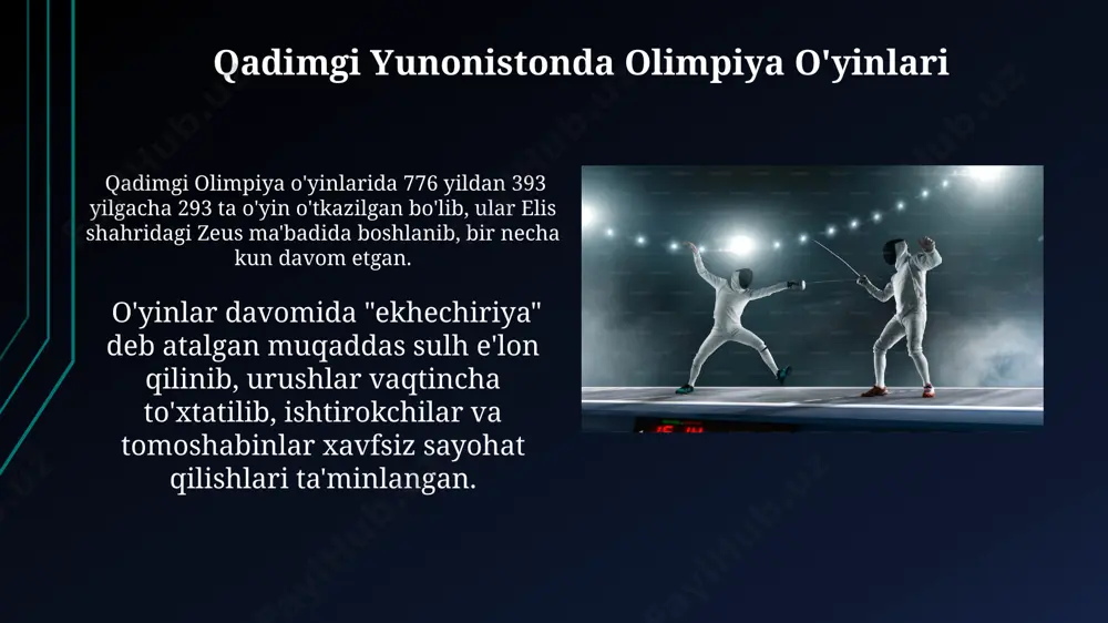 lib o'tgan birinchi zamonaviy olimpiya o'yinlarida 14 mamlakatdan 241 nafar sportchi ishtirok etdi, ular 9 sport turida bellashishdi. olimpiya o'yinlarining kelajagi kelajakdagi olimpiadalar ekologik jihatdan barqaror bo'lishga qaratilgan bo'lib, 2024-yilgi parij o'yinlarida qayta ishlangan materiallardan foydalanish 50% ga oshdi. 2032-yilgi yozgi olimpiada o'yinlari brisben shahrida, avstraliyada bo'lib o'tadi, bu o'yinlar 11 kun davom etadi va taxminan 40 dan ortiq turdagi sport turlarini o'z ichiga oladi. qadimgi olimpiya o'yinlari qadimgi olimpiya o'yinlarining dasturiga kurash, yugurish, jang san'ati va nayza otish kabi 6 ta asosiy turdagi sport turlari kiritilgan bo'lib, ular gresiya davlatining turli shaharlaridan kelgan sportchilar ishtirok etgan. o'yinlarda faqat erkaklar ishtirok etib, ular yalang'och holda musobaqalarda qatnashgan va g'oliblarga zaytun novdasi toji taqdim etilgan. e'tiboringiz uchun rahmat @taqdimot_robot image1.jpg image2.jpg image3.jpg image4.jpg image5.jpg image6.jpg image7.jpg image8.jpg image9.jpg image10.jpg image11.jpg image12.jpg
