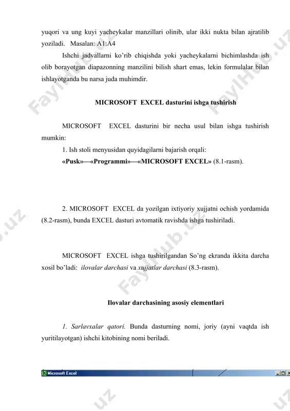idagi bo’limlar mavjud: «fayl» (fayl), «pravka» (to’g’rilash), «vid» (ko’rinish), «vstavka» (qo’yish), «format» (bichim), «servis» (xizmat ko’rsatish), «dannie» (ma`lumotlar), «okno» (oyna), «spravka» (ma`lumotnoma). ulardan biri bilan ishlash uchun qatordagi ixtiyoriy bo’lim ustiga sichqoncha ko’rsatkichini olib kelib bosiladi, natijada tanlangan bo’lim menyusi elementlari ro’yxati ochiladi. menyular bilan ishlash microsoft excel ning asosiy buyruqlarini berish usullaridan biri xisoblanadi. 3. uskunalar paneli. a) standart uskunalar paneli buyruqlarni kursatuvchi, gorizontal menyuning standart buyruqlarini takrorlovchi tugmalardan (piktogrammalar)dan iborat. b) bichimlash uskunalari paneli, buyruqlarni kursatuvchi va kiritilayotgan axborotlarni bichimlashga imkon beruvchi tugmalardan iborat. 4. formulalar qatori. microsoft excel ga ma`lumotlar kiritilayotganda barcha axborotlar, matnlar, sonlar va formulalar mana shu qatorda aks ettiriladi. 5. nom maydoni. bu maydonda joriy ishchi kitobning faol yacheykalarining manzili va nomi ko’rsatiladi. nom maydoni diapazon (yacheykalar guruxi)ga yoki tanlangan yacheykaga tezda nom berish uchun xam ishlatiladi. agar sichqoncha ko’rsatkichini nom maydonidan ung tomonda joylashgan strelka ustiga olib borib sichqonchaning chap tugmasini bossak, unda …