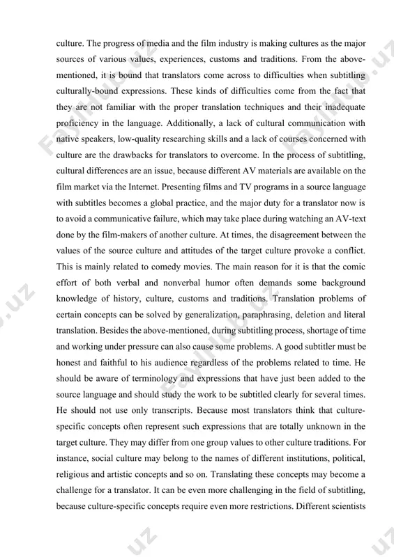 age (letters, inserts, graffiti, inscriptions, placards and the like), and the information that is contained on the soundtrack (songs, voices off).[footnoteref:5] subtitling is considered to be a complicated type of translation which includes a lot of restrictions for a translator; from the other side, subtitles should provide the same reaction of a target to the one of the source audience. that is why there is a large number of works devoting to different issues of subtitling. research is carried out in translation of subtitles from different aspects. some works are concentrated on the perception of the subtitles and the eyes movement during watching subtitles, other researchers point out the problems of avt, which connected with transferring the meaning of the culture-specific expressions and features of cultural transfer during the process of translating subtitles. one should pay a lot of attention to the issues of avt and explaining the necessary techniques …