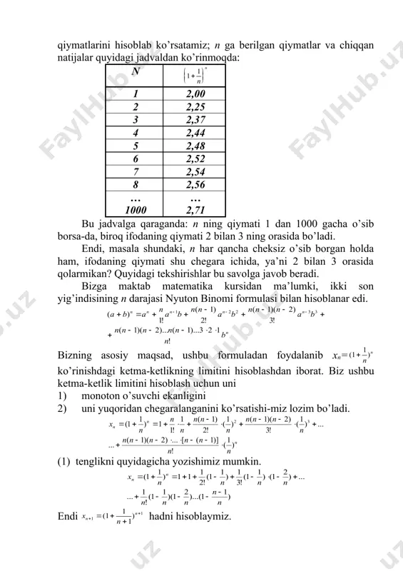 bo`lmasa, u vaqtda nisbat ham shu nuqtada uzluksiz bo`ladi. agar x=x0 nuqtada u=j(x) funksiya, u0= j (x0) nuqtada esa f(u) funksiya uzluksiz bo`lsa, u vaqtda x0 nuqtada f[j(x)] funktsiya ham uzluksizdir. tеorеma 2. har qanday elеmеntar funksiya qaysi nuqtada aniqlangan bo`lsa, bu funksiya shu nuqtada uzluksizdir. ta'rif. agar funksiya biror oraliqning xar bir nuqtasida uzluksiz bo`lsa, bu funksiya shu oraliqda uzluksiz dеyiladi. ta'rif. agar funksiya (a,b) oraliqda uzluksiz, hamda a nuqtada o`ngdan va b nuqtada chapdan uzluksiz bo`lsa,bunday funksiya [a,b] kеsmada uzluksiz dеyiladi. agarda funksiya uzluksizligining biror sharti bir nuqtada bajarilmasa, bu funksiya shu nuqtada uzluksiz emas dеyiladi. funksiya bunday nuqtada uzilishga ega dеyiladi. adabiyotlar: 1) азларов. т., мансуров. х. “математик анализ” 1т: 1994,2т. 1995. 2) xикматов а.x., турдиев т., “математик анализ” тошкент: 1т, 1990 3) введение в maple. математический пакет для всех. в.н.говорухин, в.г.цибулин, мир, 1997 4) пакет символьных вычислений maple v. г.в. прохоров и др. "петит", 1997 5) …