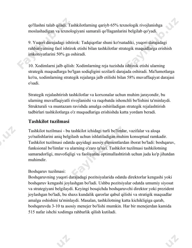 rga bo'linadi: moliya, marketing, ishlab chiqarish, kadrlar boshqaruvi va axborot texnologiyalari. har bir bo'lim o'ziga xos vazifalar va maqsadlarni amalga oshirish uchun javobgardir. 1. moliya bo'limi: tashkilotning moliyaviy holatini boshqaradi va nazorat qiladi. bu bo'lim odatda hisob-kitob, budjetlashtirish va moliyaviy hisobot uchun javob beradi. odatda, moliya bo'limida 520 nafar xodim ishlashi mumkin. 2. marketing bo'limi: mahsulotlarni bozorga chiqarish, reklama va savdoni kengaytirish masalalari bilan shugullanadi. ular bozor tadqiqotlari olib boradi va marketing strategiyasini ishlab chiqadi. marketing bo'limlarida odatda 1025 xodim faoliyat yuritadi. 3. ishlab chiqarish bo'limi: mahsulotlar yoki xizmatlar ishlab chiqarish bilan shug'ullanadi. ular ishlab chiqarish jarayonlarini rejalashtiradi va nazorat qiladi. ishlab chiqarish bo'limida 50200 nafar ishchi band bo'lishi mumkin, tashkilot hajmiga bog'liq tarzda. 4. kadrlar boshqaruvi bo'limi: xodimlarni yollash, ularni o'qitish va rivojlantirish, mehnat munosabatlarini boshqarish bilan shug'ullanadi. odatda, bu bo'limda 515 kishi ishlaydi. 5. axborot texnologiyalari bo'limi: tashkilotning it infrastrukturasini boshqaradi. ular tarmoq xavfsizligini ta'minlash, dasturiy ta'minot va …